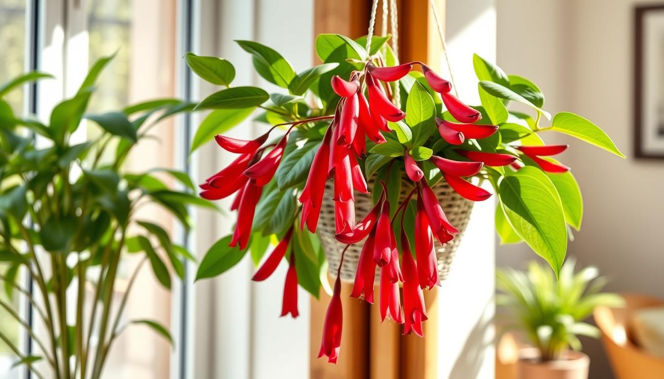 A lush, overwatered lipstick plant with drooping, discolored leaves, surrounded by pooling water and damp soil. The scene is bathed in soft, diffused natural light filtering through a window, creating a moody, contemplative atmosphere. The camera angle is slightly elevated, capturing the plant's stressed, wilting appearance from an empathetic perspective. The background is blurred, allowing the plant to be the focal point, drawing the viewer's attention to the signs of overwatering and the need for corrective action.