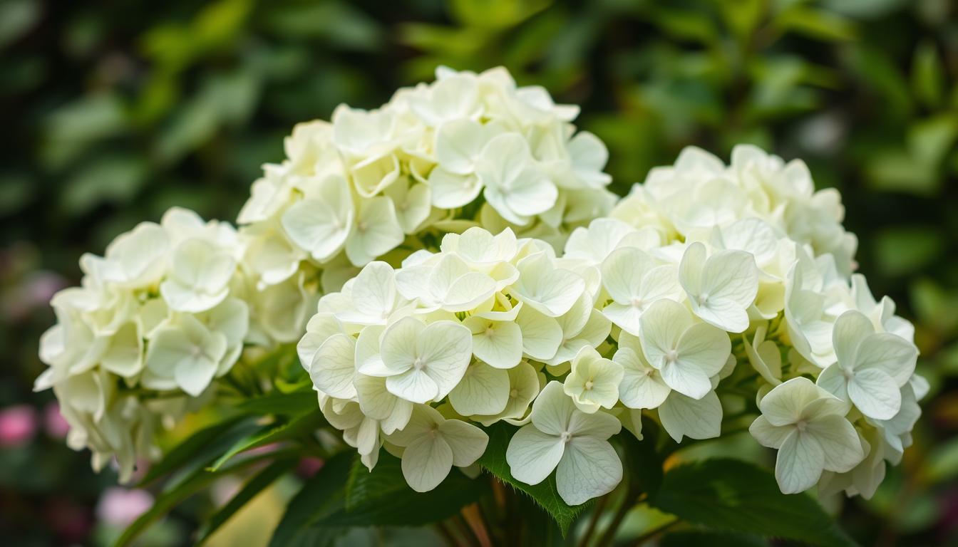 A vibrant bouquet of lush, white Annabelle hydrangea blooms, set against a soft, blurred background of verdant garden foliage. The flowers appear to be captured in natural daylight, with gentle shadows and highlights accentuating their delicate petals. The composition places the Annabelle blooms in the foreground, drawing the viewer's attention to their captivating beauty. The overall scene evokes a sense of tranquility and the resplendent charm of a well-tended garden.