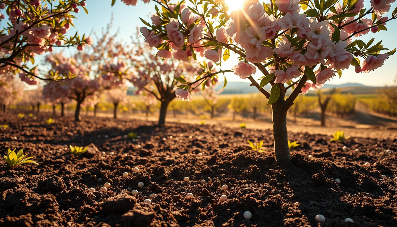 A lush, verdant cherry orchard bathed in warm, golden sunlight. In the foreground, a close-up view of the soil around the tree's roots, revealing rich, dark earth teeming with organic matter. Gently scattered throughout are slow-release fertilizer pellets, strategically placed to nourish the tree's growth. The middle ground showcases the full-bodied cherry tree, its graceful branches laden with delicate pink blossoms, a testament to the care and attention given to its soil management. In the background, a tranquil rural landscape unfolds, with rolling hills and a clear, azure sky, creating a serene and picturesque setting for this cherry tree's thriving existence.