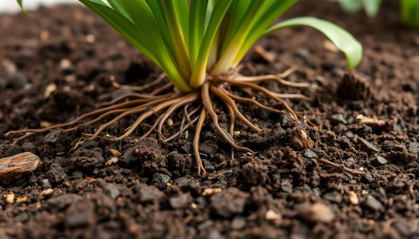 A close-up shot of a lush, healthy alstroemeria plant's soil, showcasing its ideal growing conditions. The foreground features the rich, loamy soil, with its dark, crumbly texture and a hint of organic matter. The middle ground displays the plant's roots spreading outward, intertwining with the soil particles. In the background, a soft, diffused lighting creates a warm, natural atmosphere, emphasizing the soil's optimal drainage and pH balance. The image captures the essential soil requirements for alstroemeria, providing a visually informative reference for the article.