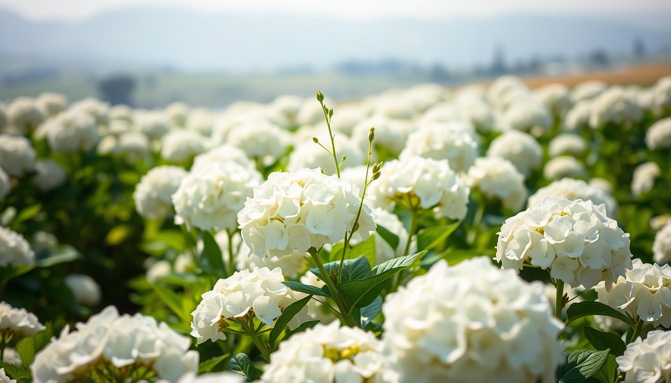 A lush, vibrant field of Annabelle hydrangeas in full bloom, captured on a sunny spring day with soft, diffused lighting. The large, rounded flower heads in shades of pristine white gently sway in a light breeze, their petals delicately textured. In the middle ground, a few individual stems emerge, showcasing the plant's slender green foliage. The background features a hazy, out-of-focus landscape with hints of rolling hills and distant trees, creating a sense of depth and tranquility. The overall composition exudes a serene, botanical atmosphere, highlighting the natural beauty and elegance of the Annabelle hydrangea.