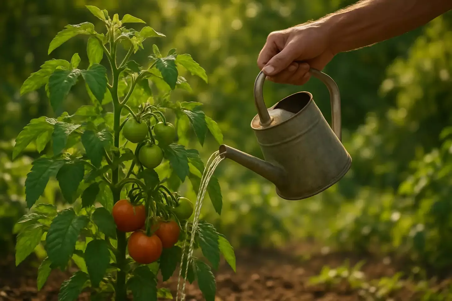 A lush, verdant tomato plant thriving in a sun-dappled garden, its vibrant green leaves and clusters of ripening fruit gently swaying in a soft breeze. A gardener's hand, tanned and weathered, carefully guides a steady stream of cool, clear water from a watering can, nurturing the plant with a loving, attentive touch. The scene is bathed in a warm, golden light, creating a serene, contemplative atmosphere, as if captured in a moment of tranquil efficiency. The composition emphasizes the interplay between the plant, the gardener, and the life-giving water, conveying the harmonious balance of a thriving, healthy tomato plant.
