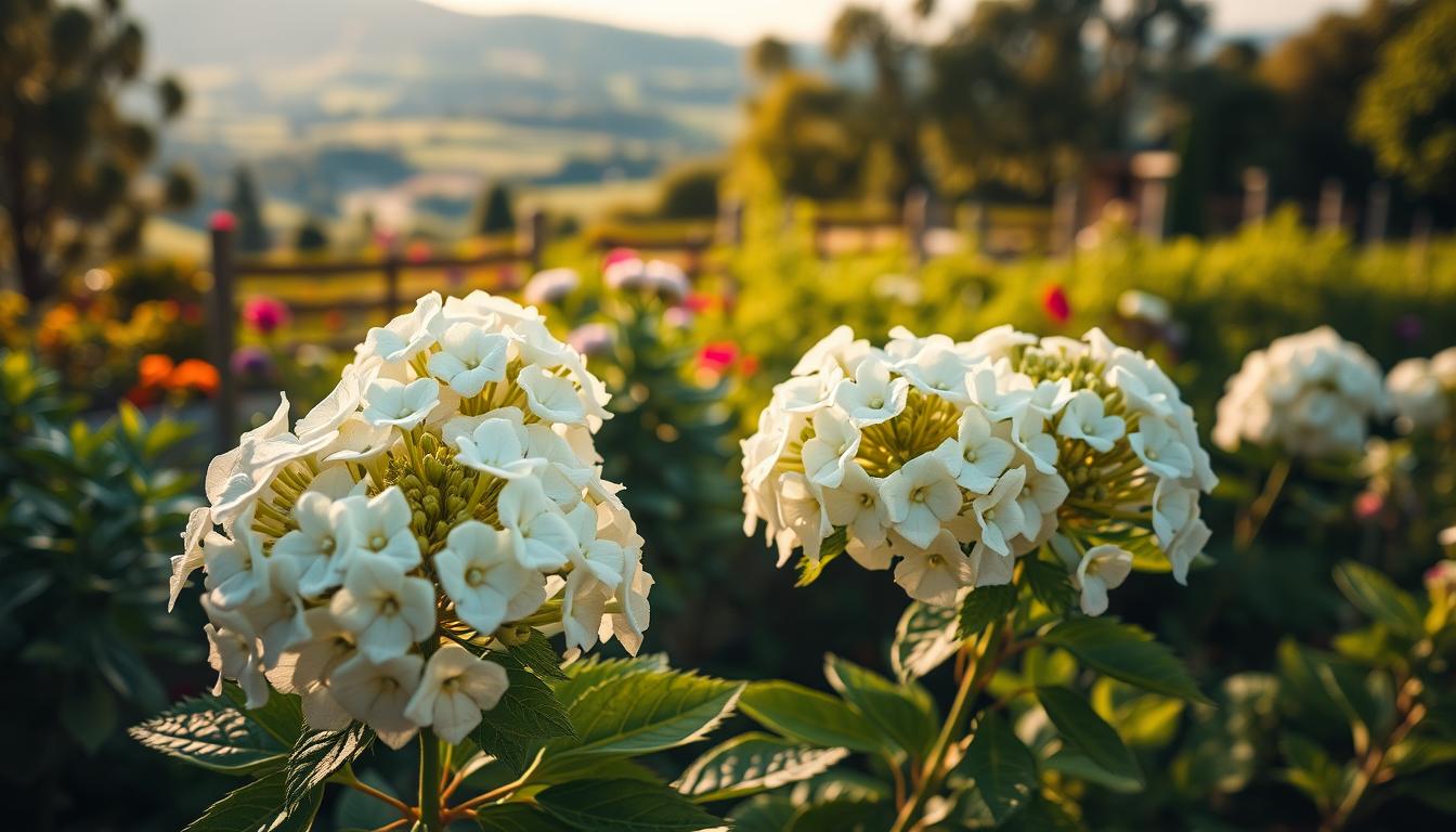 Annabelle flowers in full bloom, captured under soft, warm lighting that highlights their delicate white petals and vibrant green foliage. The flowers are arranged in the foreground, showcasing their natural beauty and intricate details. The middle ground features a lush, verdant garden setting, with a mix of complementary flora adding depth and texture to the scene. In the background, a blurred, idyllic landscape sets the stage, conveying a sense of tranquility and pastoral charm. The overall composition emphasizes the elegance and allure of the Annabelle flowers, inviting the viewer to appreciate their timeless appeal.