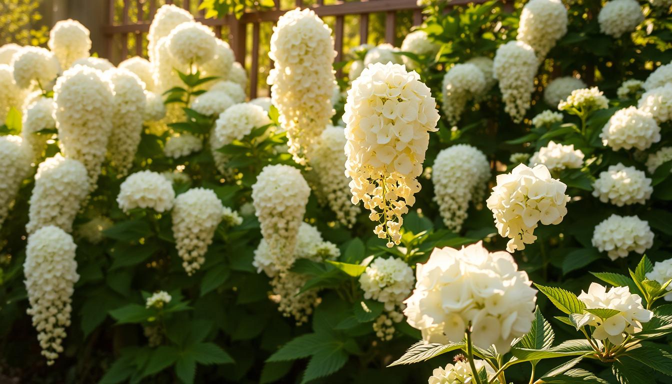 A lush, sun-dappled garden filled with Annabelle hydrangeas in full bloom. Delicate, abundant white flower clusters cascade gracefully from the sturdy, green foliage. The scene is bathed in warm, golden light, creating soft, diffused shadows and highlights that accentuate the flowers' natural beauty. In the background, a wooden trellis or garden fence gently frames the vibrant display, while in the foreground, a few Annabelle blooms sway gently in a light breeze. The overall atmosphere is one of serene, natural beauty, perfectly showcasing the ideal growing conditions for these stunning perennial flowers.