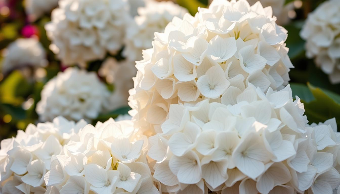 A lush, close-up shot of Annabelle hydrangea flowers in full bloom. The blooms are large, fluffy, and pristine white, filling the frame with their delicate petals. The lighting is soft and natural, casting a warm, diffused glow that highlights the intricate textures and subtle shadows of the flowers. The background is slightly blurred, creating a sense of depth and drawing the viewer's focus to the stunning floral centerpiece. The overall mood is serene, elegant, and showcases the beauty and allure of these classic garden flowers.