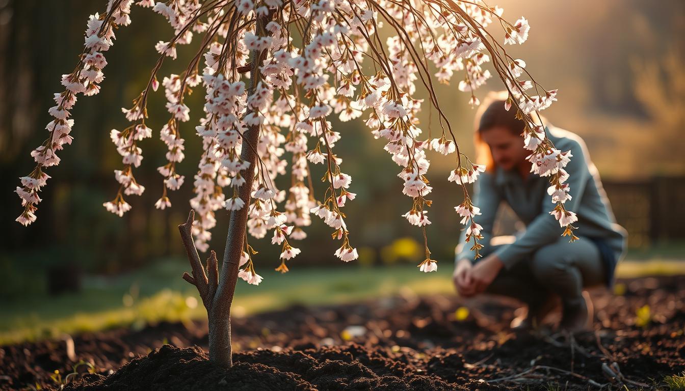 A delicate weeping cherry tree stands in the foreground, its graceful branches dripping with soft, pink blossoms. The tree is being carefully planted, its roots gently nestled into the rich, dark soil. In the middle ground, a gardener kneels, their hands gently adjusting the tree's placement, their face filled with a sense of reverence and care. The background is softly blurred, hinting at a tranquil, natural setting - perhaps a lush garden or peaceful countryside. Warm, diffused sunlight filters through the scene, casting a gentle glow and creating a serene, contemplative atmosphere.
