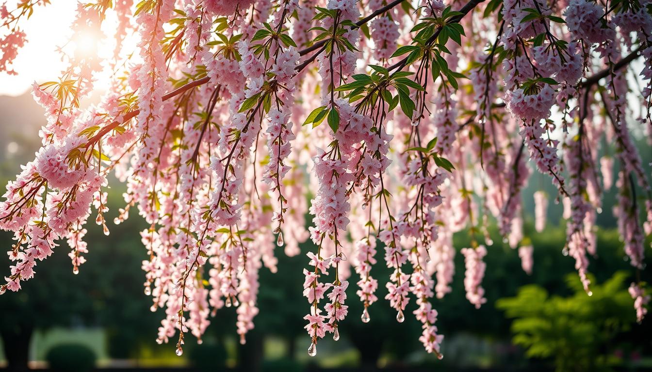 A weeping cherry tree, its graceful branches dripping with delicate pink blossoms, standing in a lush, verdant garden. Soft, diffused sunlight filters through the leafy canopy, casting a warm, ethereal glow. In the foreground, water droplets glisten on the weeping boughs, as if the tree itself is gently weeping. The composition is captured from a low angle, emphasizing the tree's elegant, cascading form. The background blurs into a tranquil, out-of-focus landscape, allowing the viewer to focus on the captivating sight of the watering weeping cherry tree.