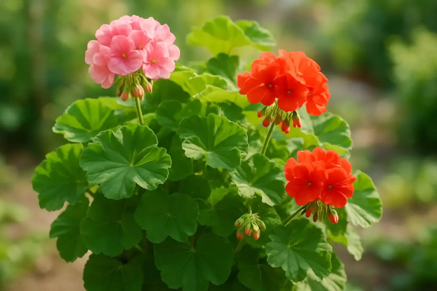Close-up of a vibrant geranium plant with colorful flowers and green leaves in soft natural light.