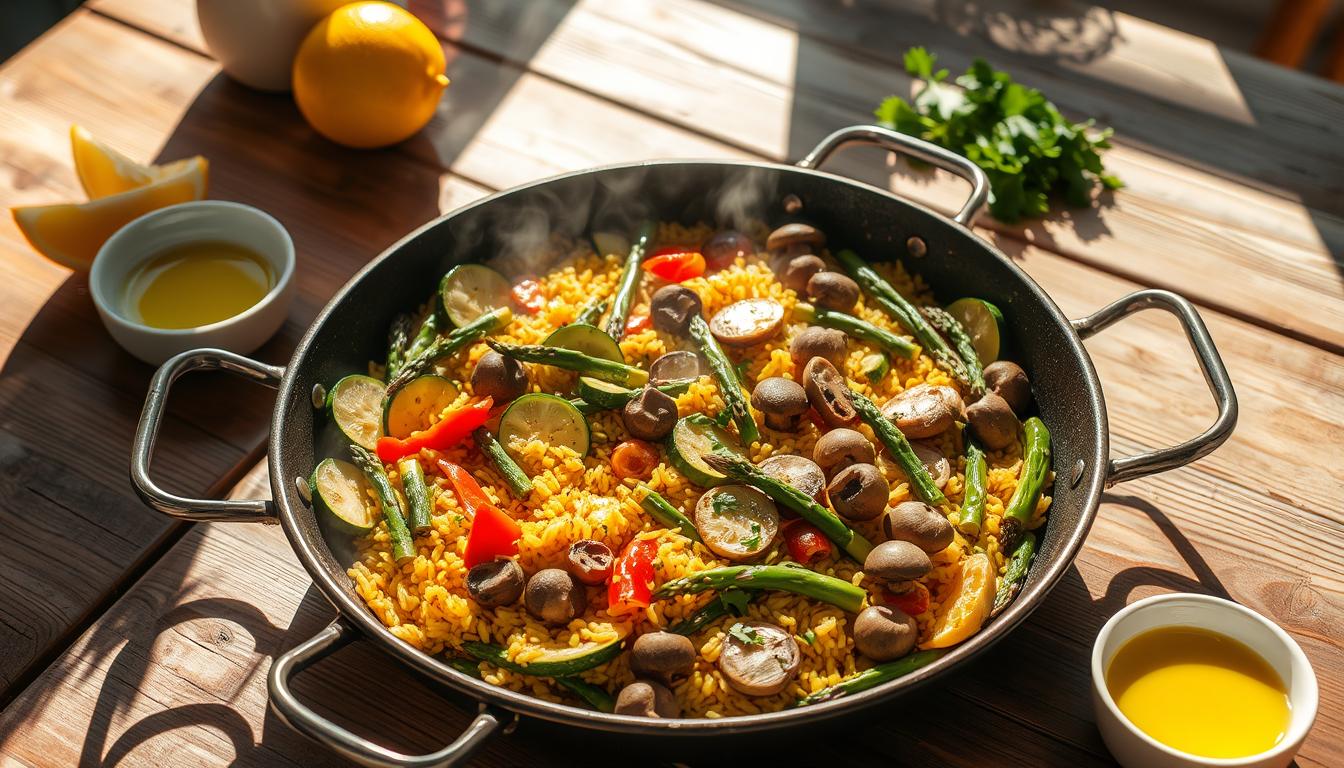 Fideuá and Paella: 6 Regional Variations You Need To Taste 4 A sun-dappled wooden table with a steaming, vibrant paella dish at its center. The pan is filled with an array of fresh vegetables - sliced zucchini, vibrant peppers, tender asparagus, and earthy mushrooms, all glistening in the warm light. The rice has an inviting golden hue, infused with the flavors of saffron and herbs. Surrounding the dish are small bowls of lemon wedges, olive oil, and a sprinkling of chopped parsley. The scene evokes the sun-soaked gardens and rustic charm of Murcia, Spain, where this vegetable-centric paella originates. A 50mm lens captures the scene with a shallow depth of field, drawing the eye to the artfully arranged ingredients. The overall mood is one of simple, honest, and garden-fresh deliciousness.