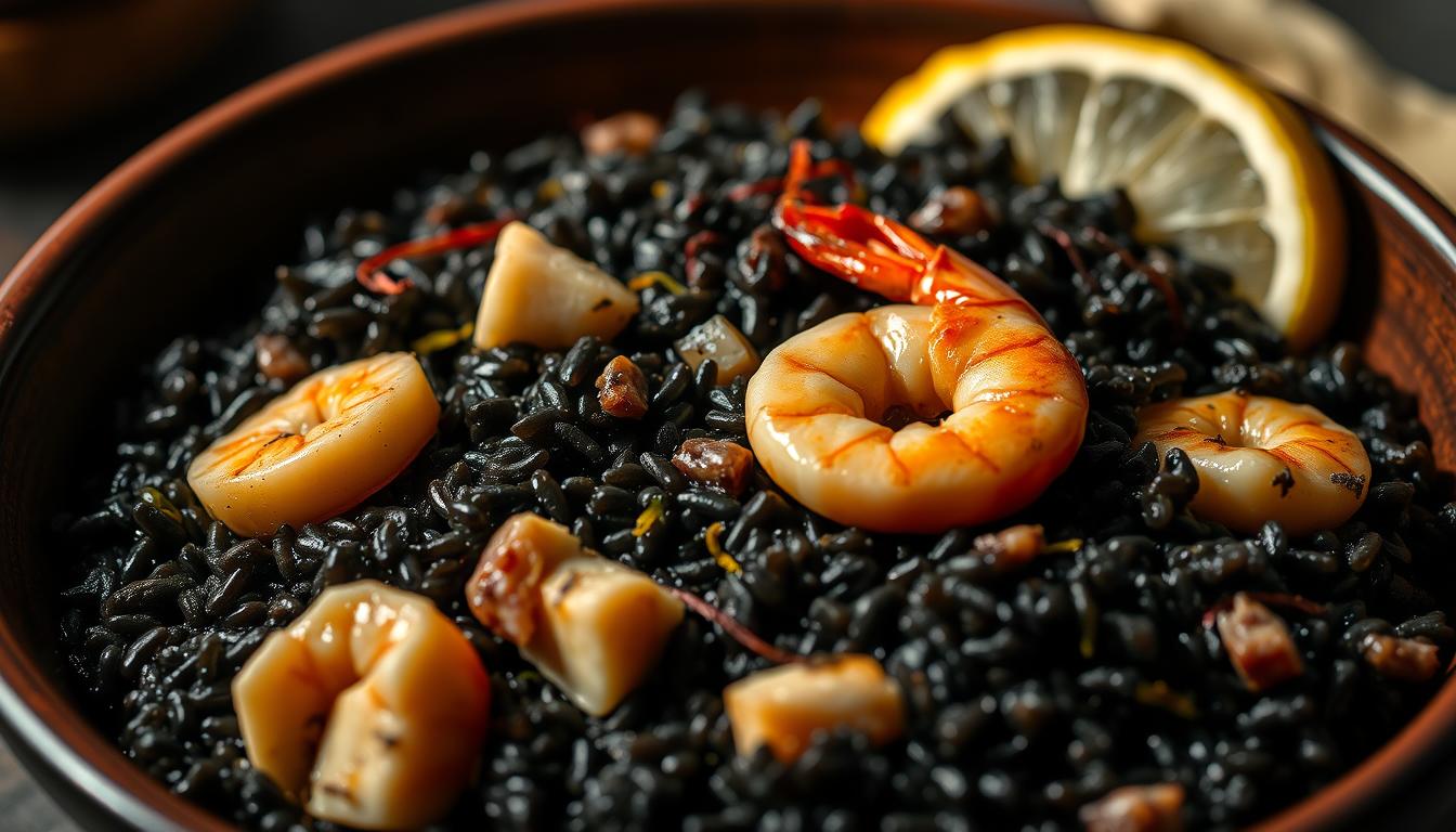 Fideuá and Paella: 6 Regional Variations You Need To Taste 3 A close-up shot of an Arroz Negro dish, a traditional Spanish rice delicacy from the Castellón region. The rice is cooked in a dark, rich squid ink broth, resulting in a deep ebony hue. Tender chunks of squid and prawns are nestled among the grains, adding pops of color and a briny, umami flavor. The dish is illuminated by soft, warm lighting, creating a moody, atmospheric scene. The rice is presented in a shallow earthenware bowl, its matte black surface complementing the dish's inky tones. Hints of vibrant saffron threads and lemon wedges provide subtle accents, while the overall composition conveys the rustic, coastal essence of this regional specialty.