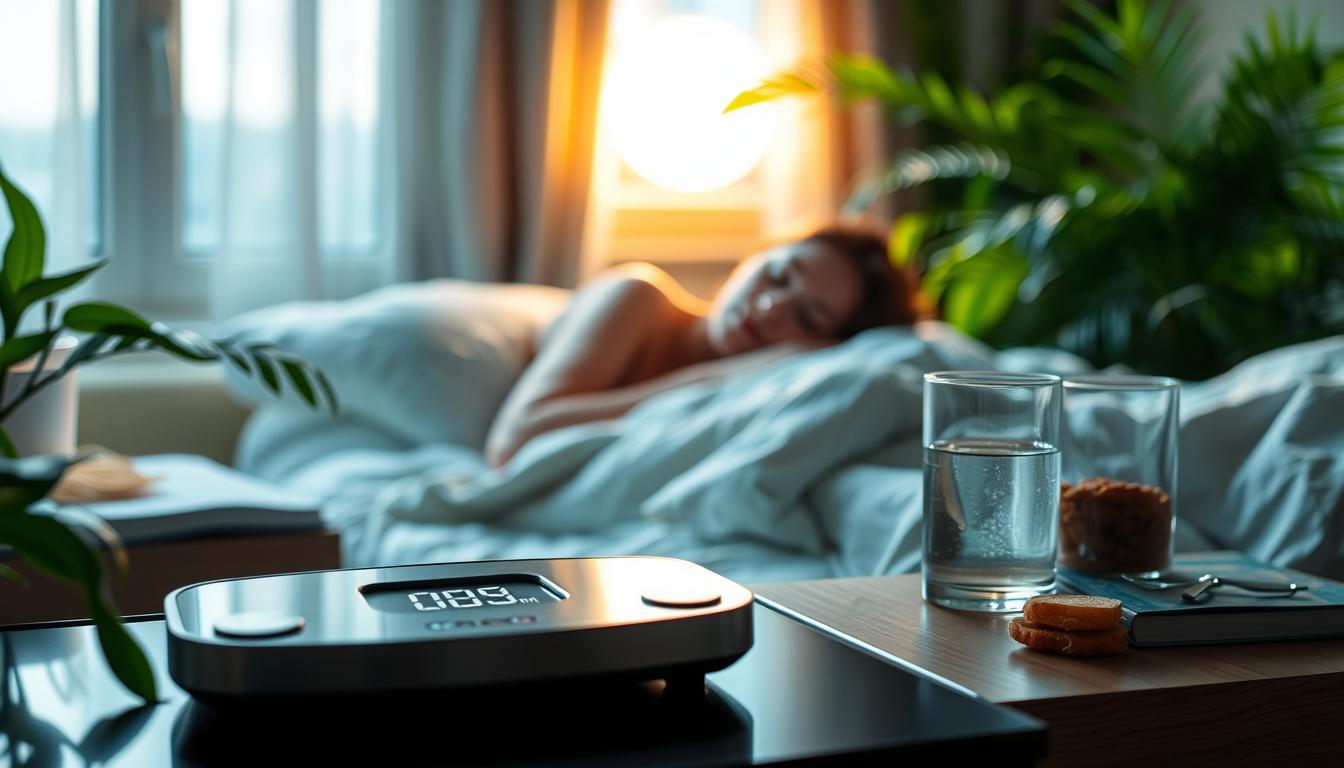 A serene bedroom scene with a woman peacefully sleeping, her face softly illuminated by the gentle glow of the moonlight filtering through the window. In the foreground, a digital scale showcases the number displayed, subtly conveying the challenges of weight loss. The middle ground features a nightstand with a book, a glass of water, and a snack, hinting at the practical barriers that can impede successful dieting. The background is filled with lush, verdant plants, evoking the notion of a nurturing, natural environment. The overall atmosphere is one of tranquility and contemplation, capturing the interplay between sleep, stress, and individual variability that can impact weight management.