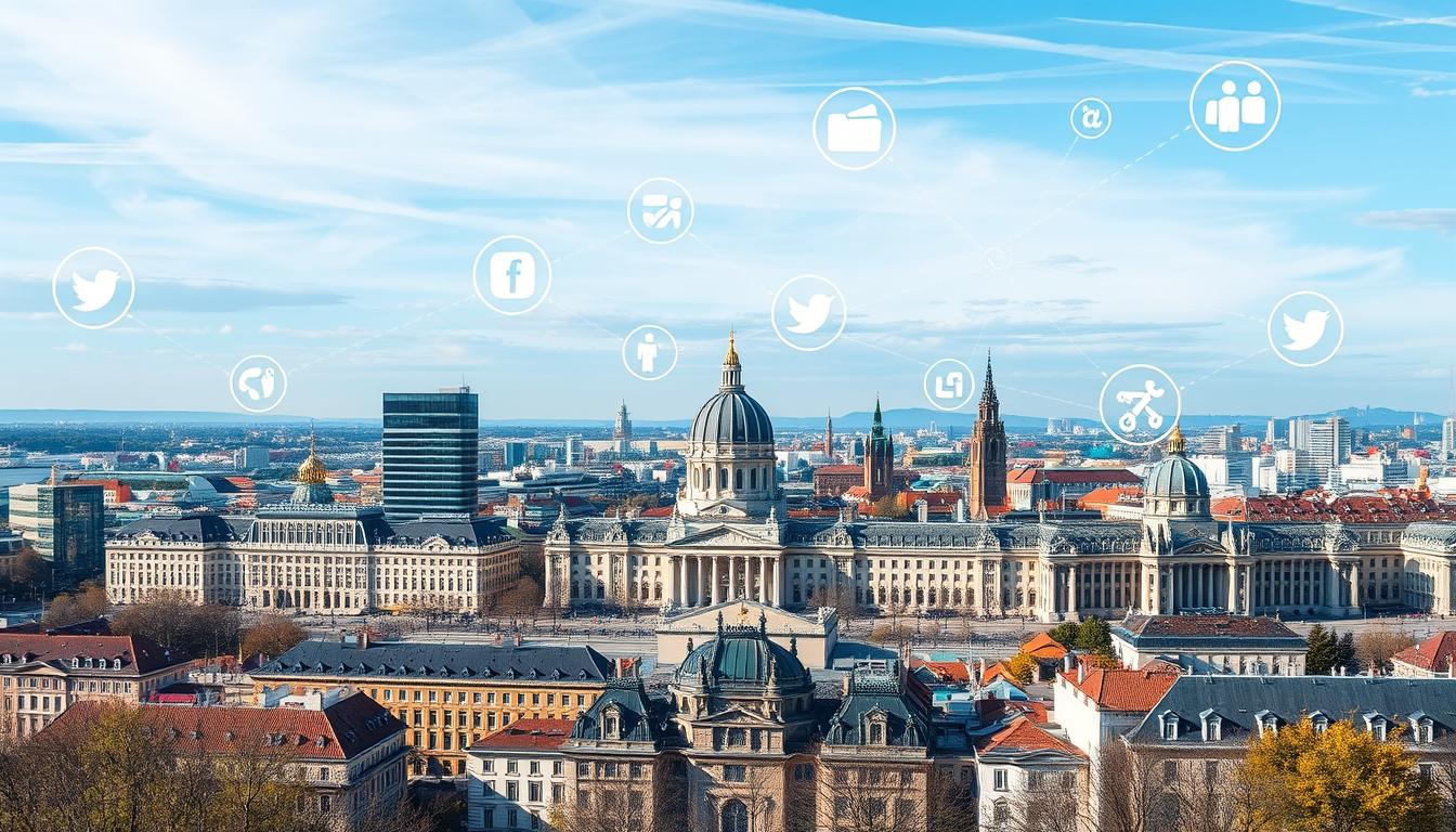 Skyline von Wien mit digitalen Elementen und Webdesign-Konzepten