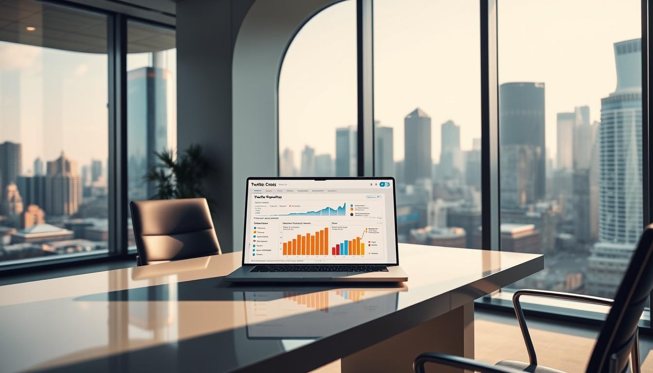 A laptop on a modern office desk displays Twitter colorful analytics charts with a city skyline visible through large windows.