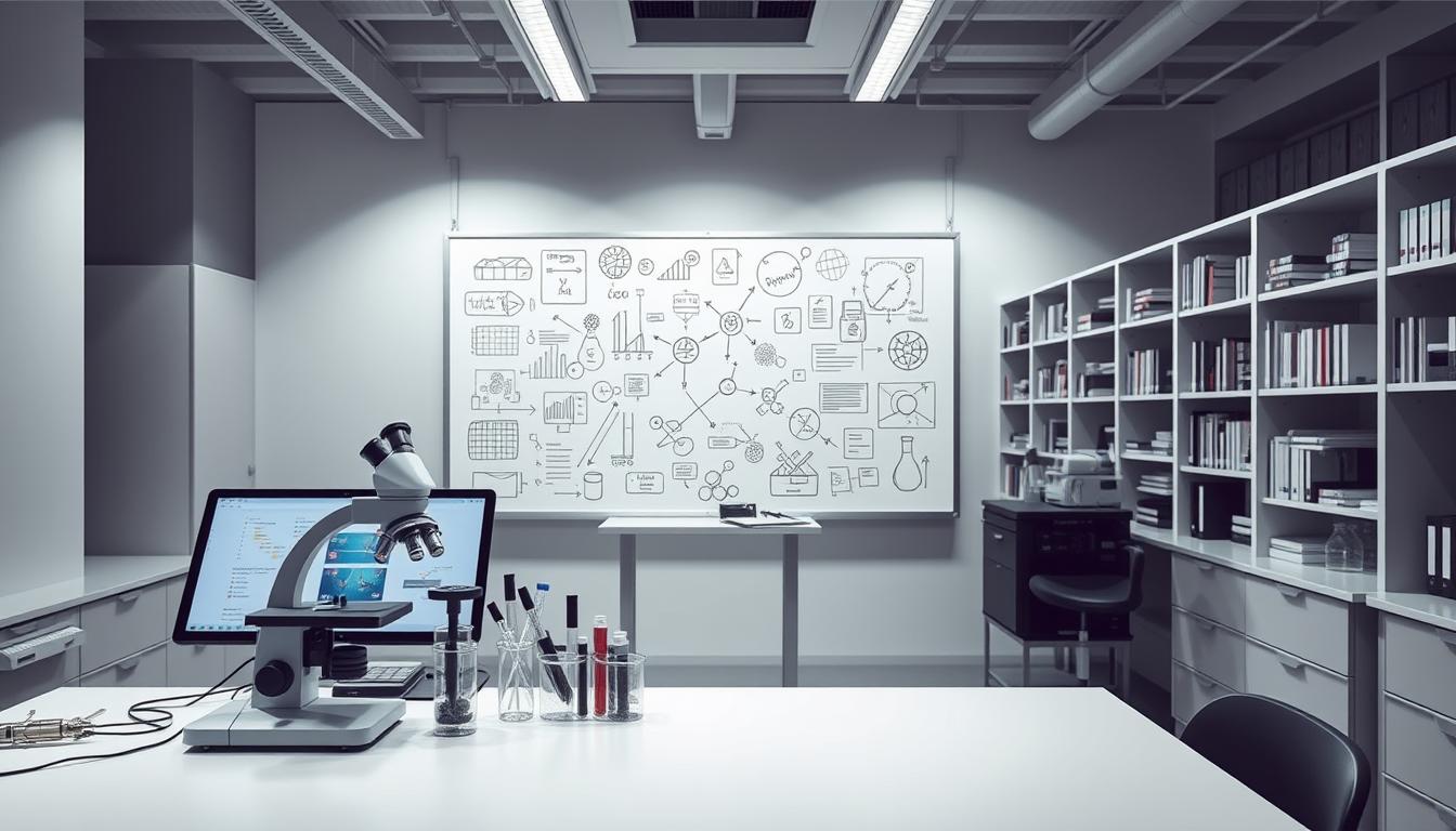 A lab setup research design with flowcharts, testing tools, and structured data on a whiteboard.