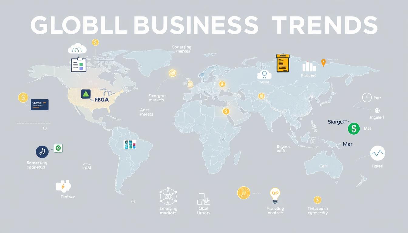 Global business trends visualization with digital elements and world map, related to top 10 countries to start a business