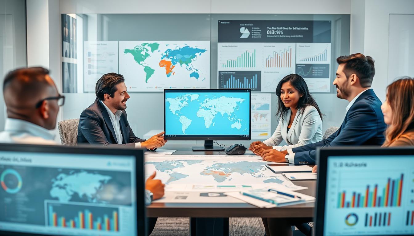 Business professionals analyzing global market data for the top 10 countries to start a business