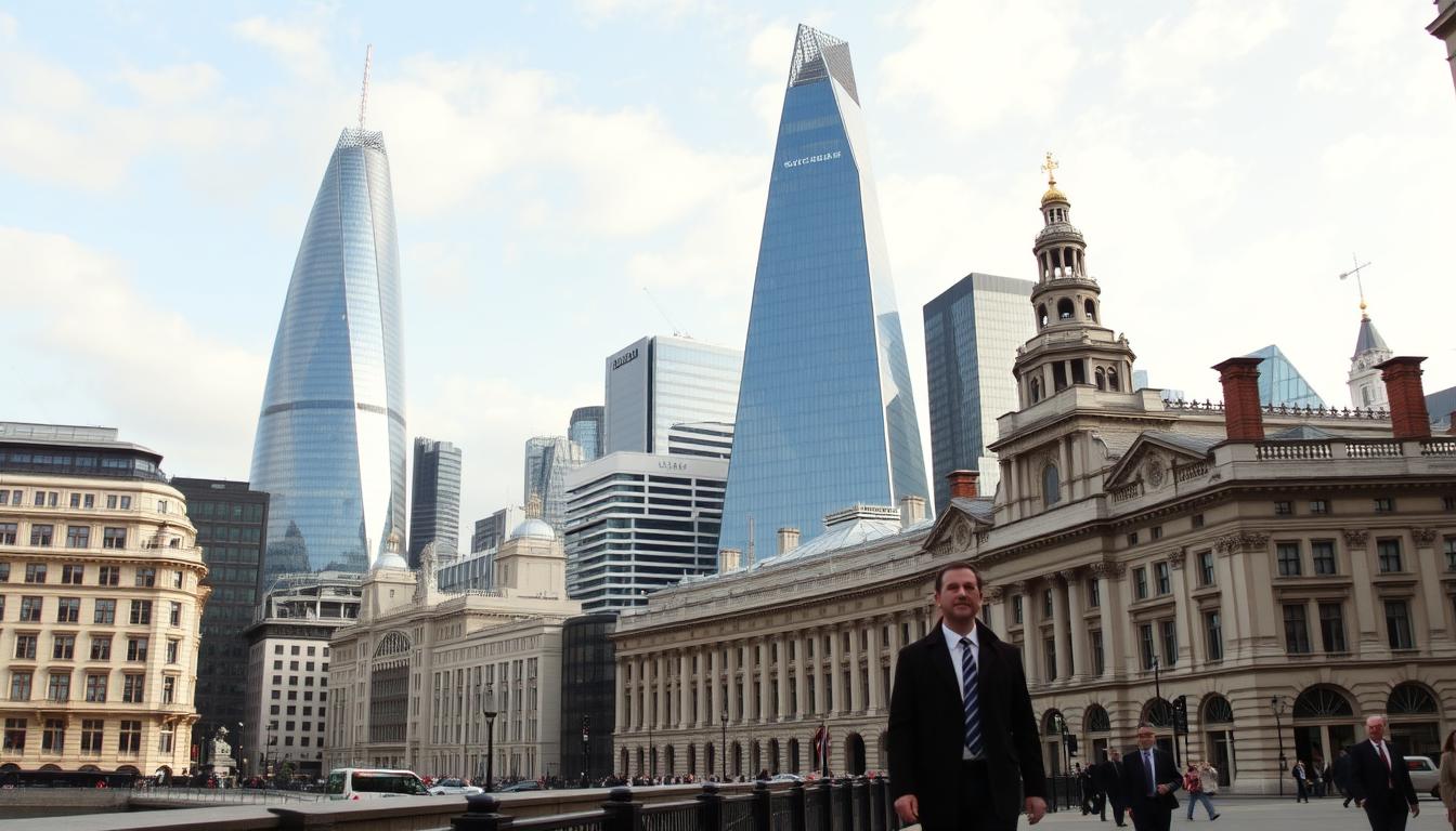 London financial district with modern skyscrapers and historical buildings, representing the UK as one of the top 10 countries to start a business