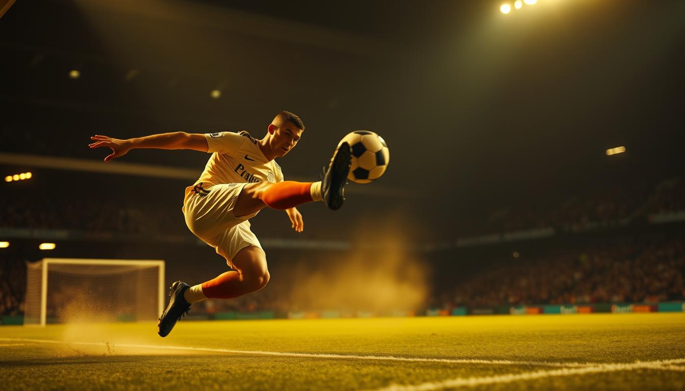 A breathtaking, cinematic depiction of one of Cristiano Ronaldo's most iconic goals, scored against Portsmouth in the Premier League. The scene captures the moment the ball leaves Ronaldo's foot, a powerful strike that seems to defy physics, soaring through the air with a piercing, rocket-like trajectory. The lighting is dramatic, with a warm, golden glow illuminating the player's muscular form and the ball's path, creating a sense of awe and wonder. The camera angle is low, emphasizing the sheer power and athleticism of the shot, while the blurred, out-of-focus background places the viewer's full attention on the mesmerizing moment of impact. The overall composition is balanced and visually striking, a true masterpiece of football artistry.