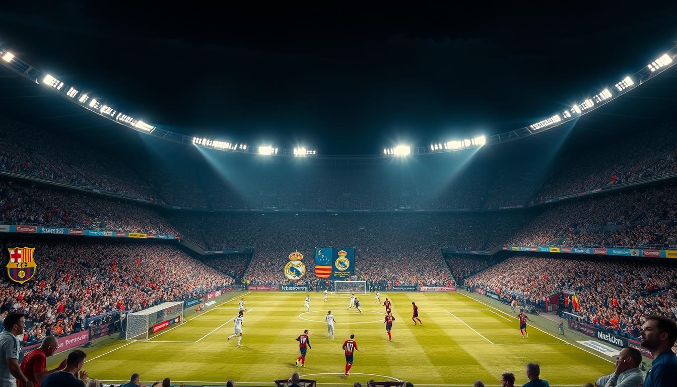 An intense football match between two legendary Spanish teams, Real Madrid and Barcelona, with their passionate supporters in the stands. The floodlit stadium is filled with electric tension, the players on the pitch engaged in a thrilling tactical battle. Dramatic lighting casts dynamic shadows, while the vibrant colors of the team kits and fans' banners lend a palpable sense of energy. The scene captures the high stakes and historic rivalry of "El Clásico," a match that could mark a pivotal moment in the careers of the legendary coaches leading each side.