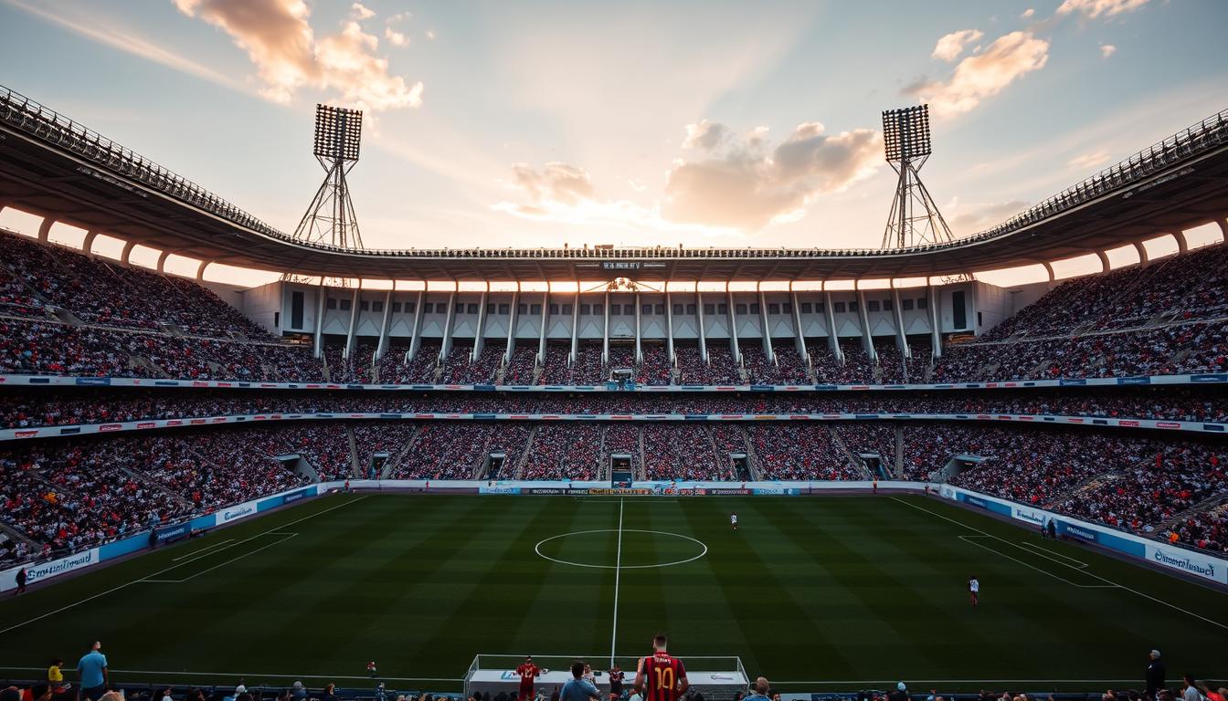 A vast, majestic football stadium standing tall, its iconic white facade gleaming in the warm, golden light of the Spanish afternoon. The legendary Santiago Bernabéu, home to the mighty Real Madrid, where the electric atmosphere of the Clásico rivalry captivates the world. Meticulously detailed architecture, from the sweeping arches to the intricate patterns adorning the exterior. Lush, verdant pitch meticulously maintained, ready to host the fierce clash of titans. Towering floodlights stand vigil, casting a soft, dramatic glow over the scene, as the passionate fans eagerly await the arrival of their beloved teams, the stage set for an unforgettable footballing spectacle.