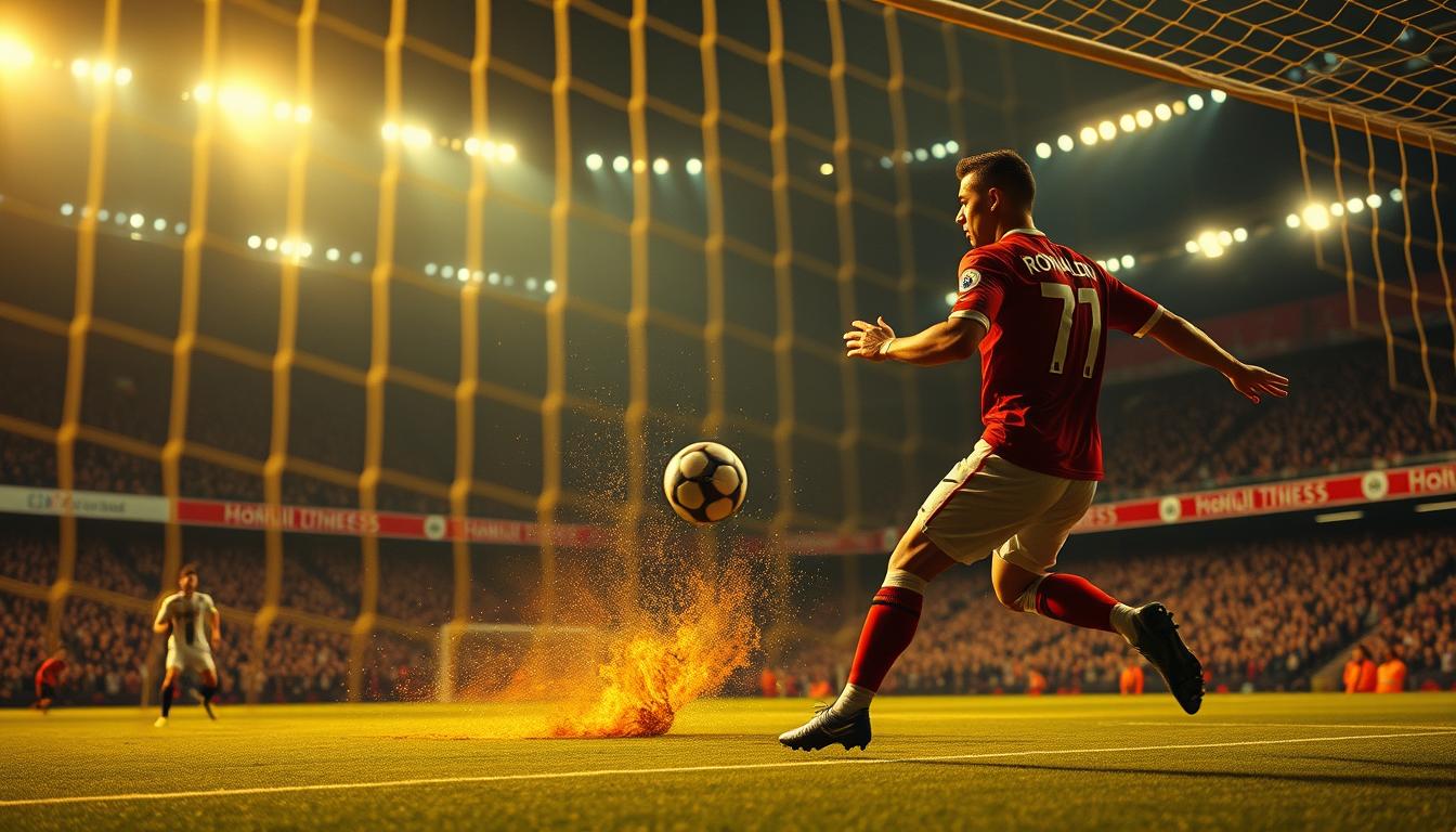 A nostalgic and mesmerizing scene of Cristiano Ronaldo scoring a stunning goal against Manchester United, his former club. The shot captures the moment of pure exhilaration, as Ronaldo's powerful strike ripples the net, harking back to his glory days on that hallowed pitch. The lighting is soft and golden, casting a warm, nostalgic glow over the action, while the camera angle emphasizes the graceful arc of the ball as it rockets towards the goal. The background is slightly blurred, drawing the viewer's focus to the singular, iconic moment of Ronaldo's return, a bittersweet homecoming that ignites the passion of the fans once more.