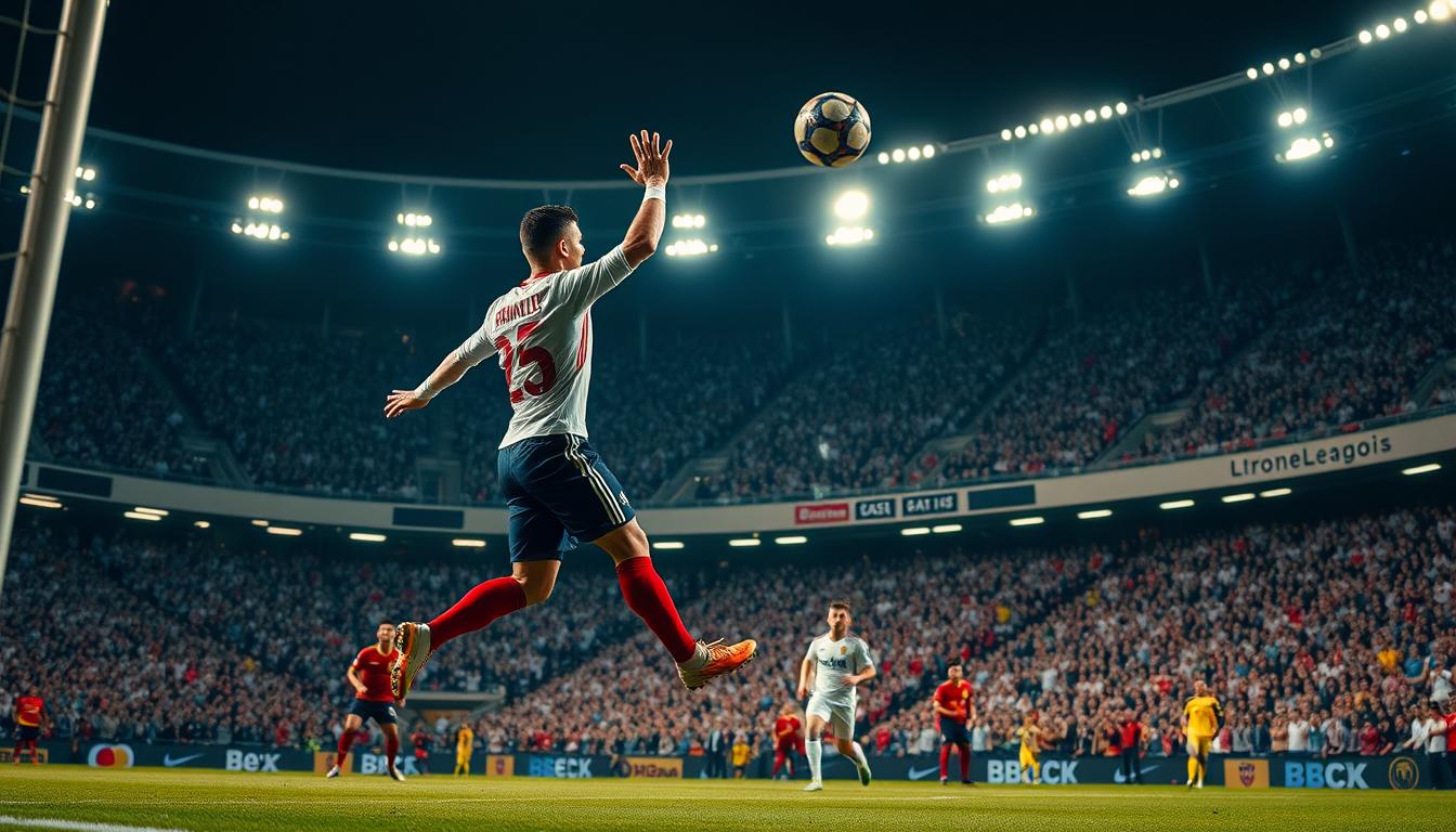 Cristiano Ronaldo, a football maestro, stands tall amid the Spanish defense, his eyes fixed on the ball, muscles taut with determination. Caught in a moment of brilliance, he leaps, his body contorted, as he unleashes a powerful shot. The ball sails through the air, a blur of motion, destined to find the back of the net. The stadium erupts in thunderous applause, the roar of the crowd echoing across the pitch. In the background, the floodlights cast a warm glow, illuminating the intensity of the match. Ronaldo's strike is a testament to his skill, a masterclass in the art of the game, a hat-trick that etches his name in the annals of football history.