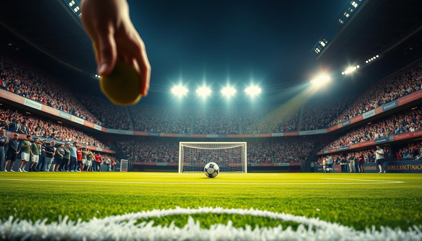 A dramatic and intense football stadium scene, with a close-up shot of a player about to take a decisive penalty kick in the final moments of a major tournament. The player's face is tense with determination, and the stadium is filled with a palpable sense of anticipation and excitement. The lighting is dramatic, with sharp shadows and highlights that accentuate the player's features and the intensity of the moment. The crowd is blurred in the background, their cheers and chants creating a powerful atmosphere. The pitch is meticulously detailed, with the bright green grass and white lines creating a strong visual contrast. The goal posts loom large in the distance, the ultimate target for the player's shot. This image captures the high-stakes, do-or-die nature of a decisive moment in a major football final.