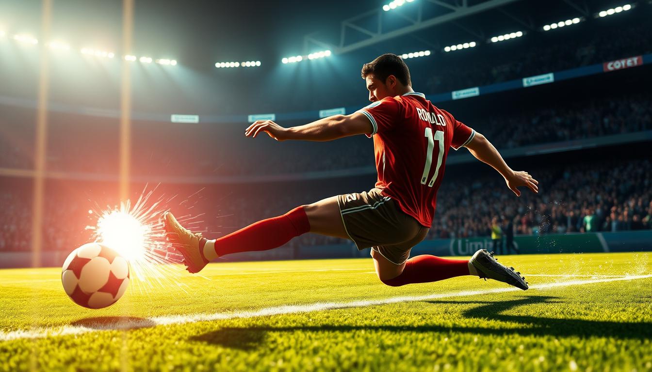 Ronaldo scoring a historic goal against Porto: A powerful, long-range strike captured in striking clarity. The scene unfolds on a meticulously rendered football pitch, the goalkeeper diving in vain as the ball rockets past. Ronaldo's muscular form is etched in motion, his expression one of fierce determination. Dramatic lighting casts shadows that accentuate the dynamism, while the background fades to a blurred, atmospheric stadium setting, placing the viewer's focus squarely on the iconic moment. Vibrant colors, detailed textures, and a sense of cinematic grandeur combine to immortalize this remarkable feat of skill and power.