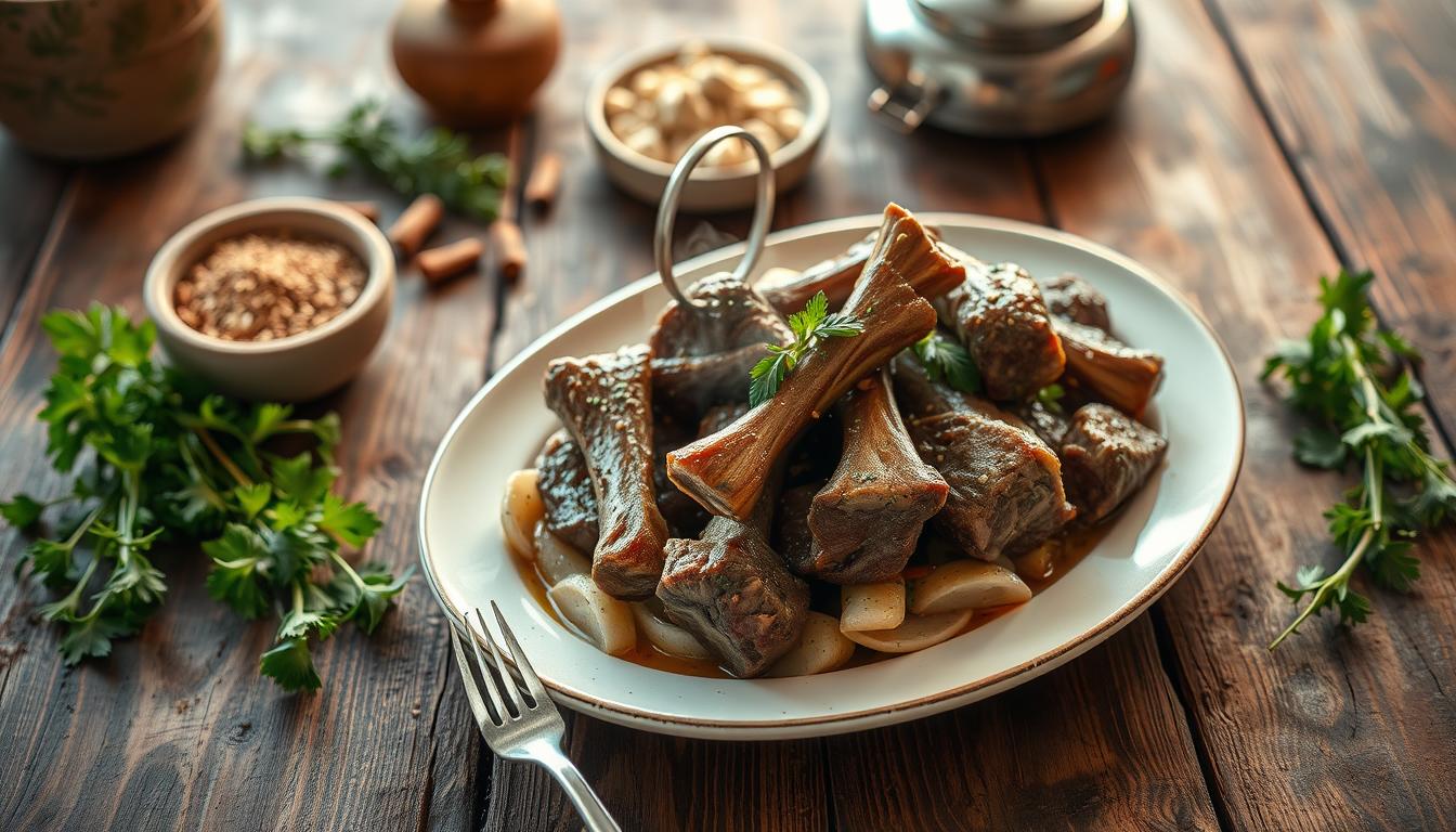 A rustic wooden table, a platter of steaming beef neck bones prominently displayed, fresh herbs and spices artfully arranged around the dish. Soft, warm lighting casts a cozy glow, highlighting the tender meat and rich, savory aroma. The scene evokes a sense of homemade comfort, inviting the viewer to imagine the satisfying flavors and textures of this hearty dish. A stainless steel fork rests nearby, ready to dive into the succulent morsels. The overall composition conveys an appetizing and inviting presentation, perfectly suited for the "Serving Suggestions for Beef Neck Bones" section of the article.