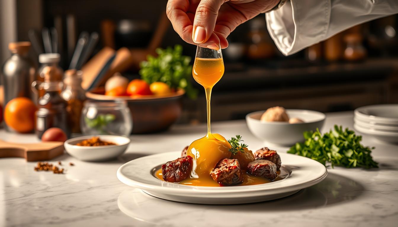 A chef's hands carefully drizzling rendered beef fat over a gourmet dish, the rich, golden liquid glistening in the warm, soft lighting of a high-end kitchen. In the background, an array of fresh herbs, spices, and other culinary ingredients are neatly arranged, hinting at the flavorful possibilities of incorporating this versatile ingredient. The composition is framed by a clean, modern countertop, emphasizing the intentional, skillful approach to elevating everyday recipes with the decadent richness of beef fat.
