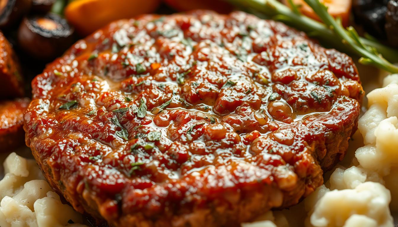Detailed close-up of a savory, freshly baked hamburger steak, glistening with a rich, flavorful glaze. The meat is tender and juicy, with a beautifully seared exterior. Aromatic herbs and spices are visibly integrated throughout, adding depth and complexity to the dish. Soft, pillowy mashed potatoes and roasted vegetables frame the steak, creating a harmonious and appetizing composition. Warm, natural lighting casts a inviting glow, highlighting the delectable textures and colors. The overall scene evokes the comforting, homemade qualities of a classic Amish-style baked hamburger steak.