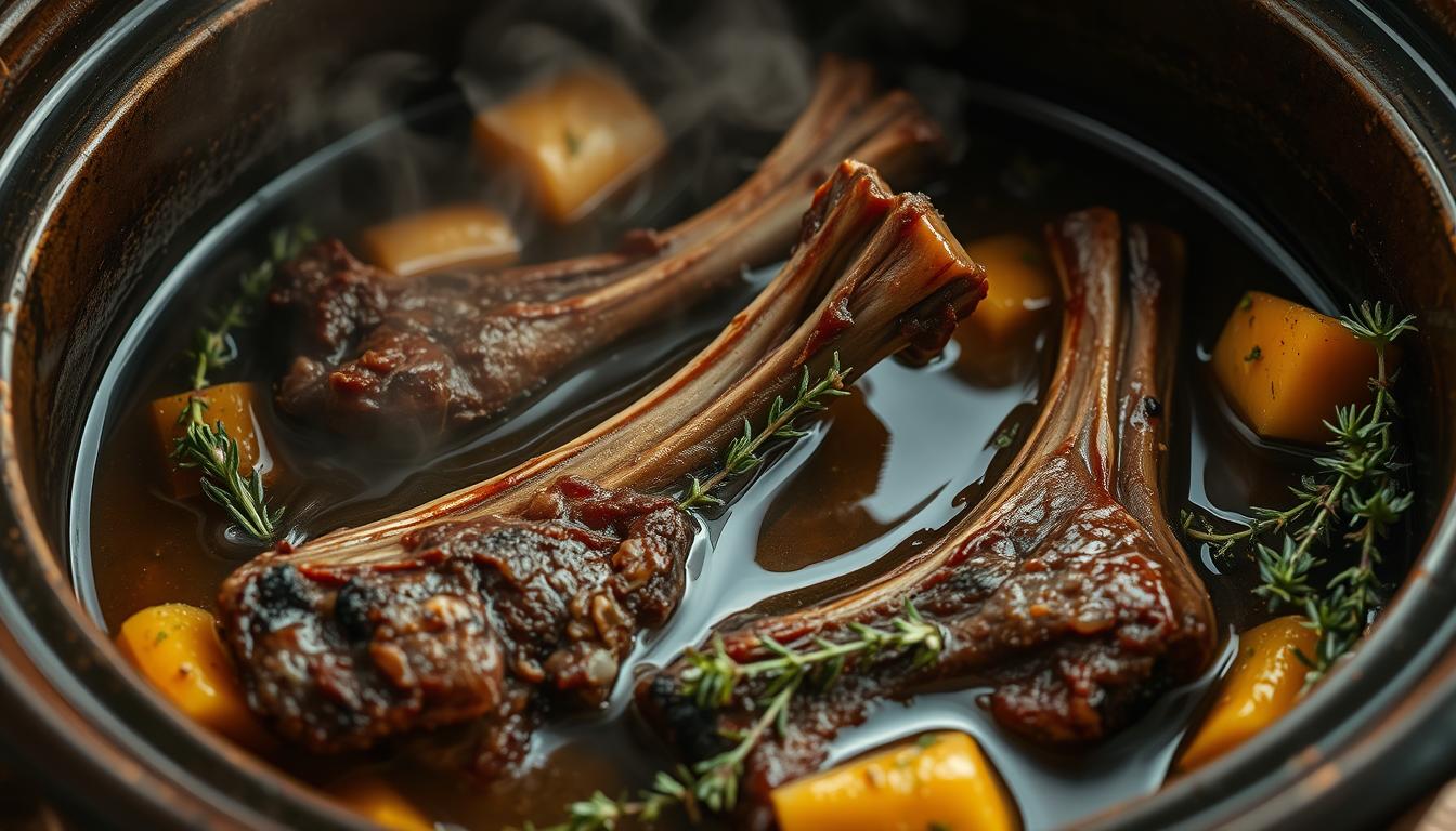 Steaming beef neck bones simmering slowly in a rustic slow cooker, surrounded by tender vegetables and aromatic herbs. Savory broth gently bubbling, infusing the meat with deep, earthy flavors. Soft lighting casts a warm glow, highlighting the rich caramelized edges of the bones. Chunky root vegetables and fragrant thyme sprigs add texture and depth to the scene. The overall atmosphere is comforting, homely, and evocative of a satisfying, home-cooked meal.