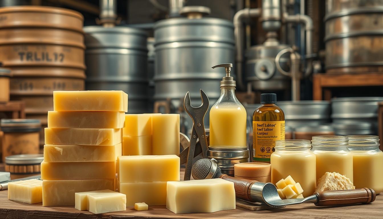 A well-lit, high-resolution image of an array of household and industrial objects showcasing the diverse uses of beef tallow. In the foreground, a stack of soap bars, candles, and a leather-working tool set. In the middle ground, a set of mechanic's tools and a bottle of metalworking lubricant. In the background, a series of industrial-scale storage barrels and processing equipment. The scene conveys the versatility of beef tallow, moving beyond its traditional culinary applications into cosmetics, leatherwork, and industrial lubrication. The lighting is warm and inviting, highlighting the rich, golden tones of the tallow-based products.
