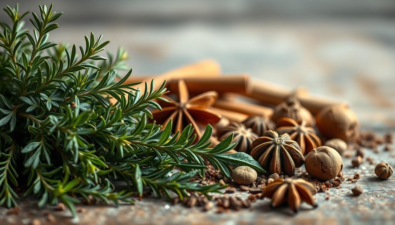 12 Shockingly Easy Flavor boosters That Make Any Meal Pop 3 A beautifully styled still life image showcasing an assortment of aromatic ingredients. In the foreground, a cluster of fresh herbs like rosemary, thyme, and oregano, their green leaves glistening. In the middle ground, a selection of whole spices - cinnamon sticks, star anise, and whole nutmeg - arranged artfully on a weathered wooden surface. The background is softly blurred, highlighting the textures and colors of the spices and herbs. The lighting is soft and diffused, casting gentle shadows and highlights that accentuate the natural beauty of the ingredients. The overall composition is balanced and visually striking, conveying a sense of culinary artistry and the transformative power of these aromatic game-changers.