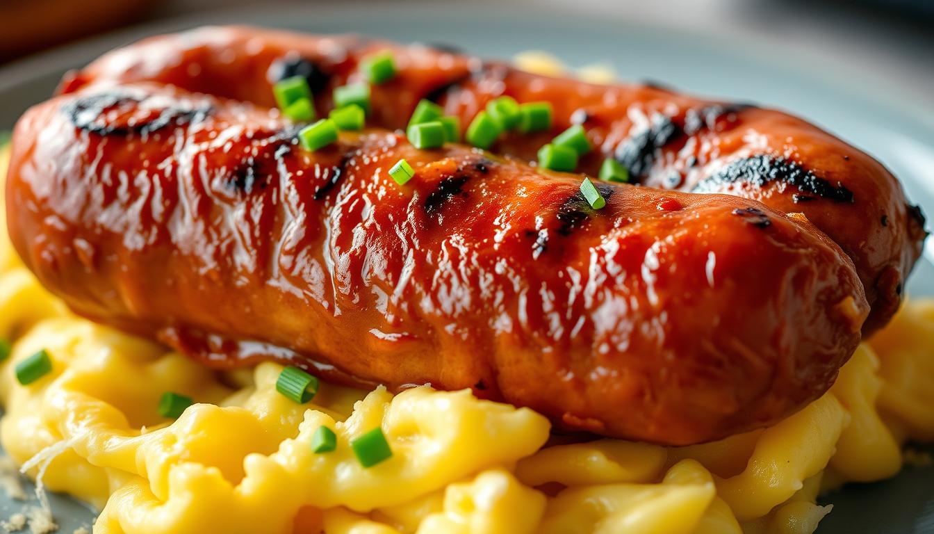 A delectable beef breakfast sausage, freshly grilled and glistening, nestled atop a bed of fluffy scrambled eggs. The sausage's rich, savory aroma permeates the air, inviting you to take a bite. Crisp edges give way to a juicy, well-seasoned interior, complemented by the creamy texture of the eggs. A sprinkle of chopped chives adds a pop of color and a subtle onion flavor, elevating the dish. Photographed with a shallow depth of field, the scene captures the rustic charm of a homemade breakfast, with soft, natural lighting casting a warm glow over the appetizing tableau.
