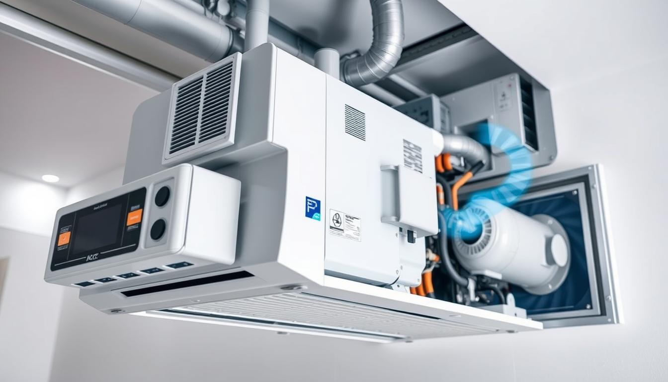 Highly detailed and technical overview of a modern ACG ducted air conditioning system, showcased in a clean, well-lit studio setting. The system is prominently displayed, with a focus on the internal components and airflow pathways. The foreground features the system's control panel and air vents, while the middle ground showcases the compressor, coils, and blower unit. The background subtly hints at the system's integration within a residential or commercial space. Lighting is crisp and shadowless, emphasizing the engineering precision of the ACG system. The overall mood is informative and technical, inviting the viewer to explore the intricacies of this efficient ducted air conditioning solution.
