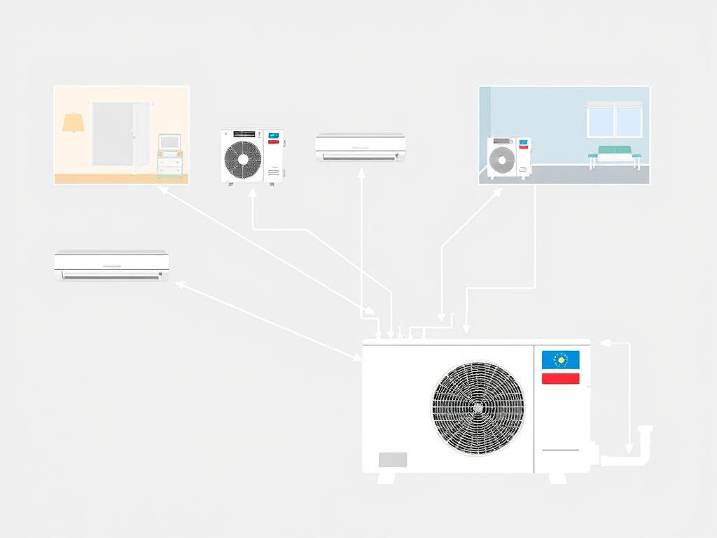 Multi-split air conditioning system diagram showing multiple indoor units connected to one outdoor unit