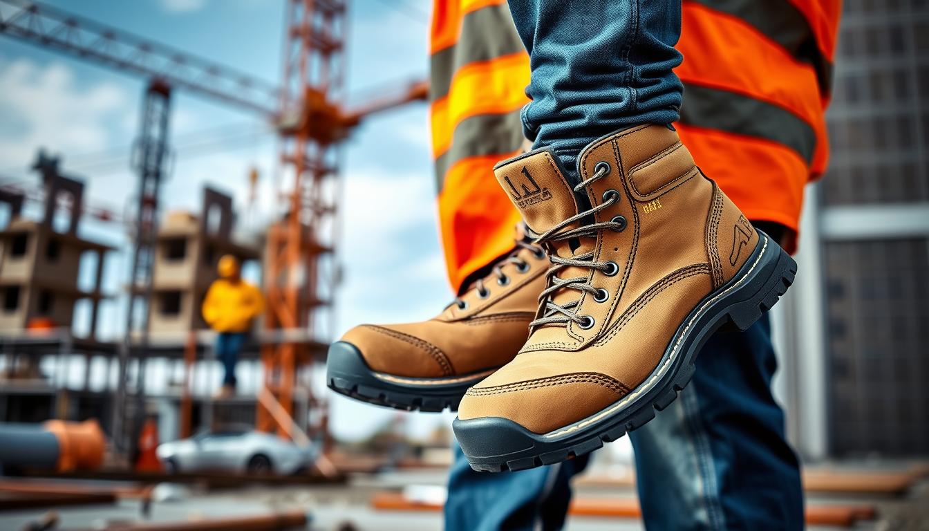 Generate an image of a construction worker wearing a pair of high-quality safety boots.