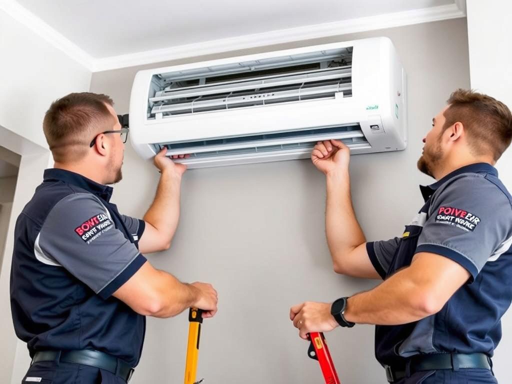 Professional technicians installing a split system air conditioner in a Sydney home