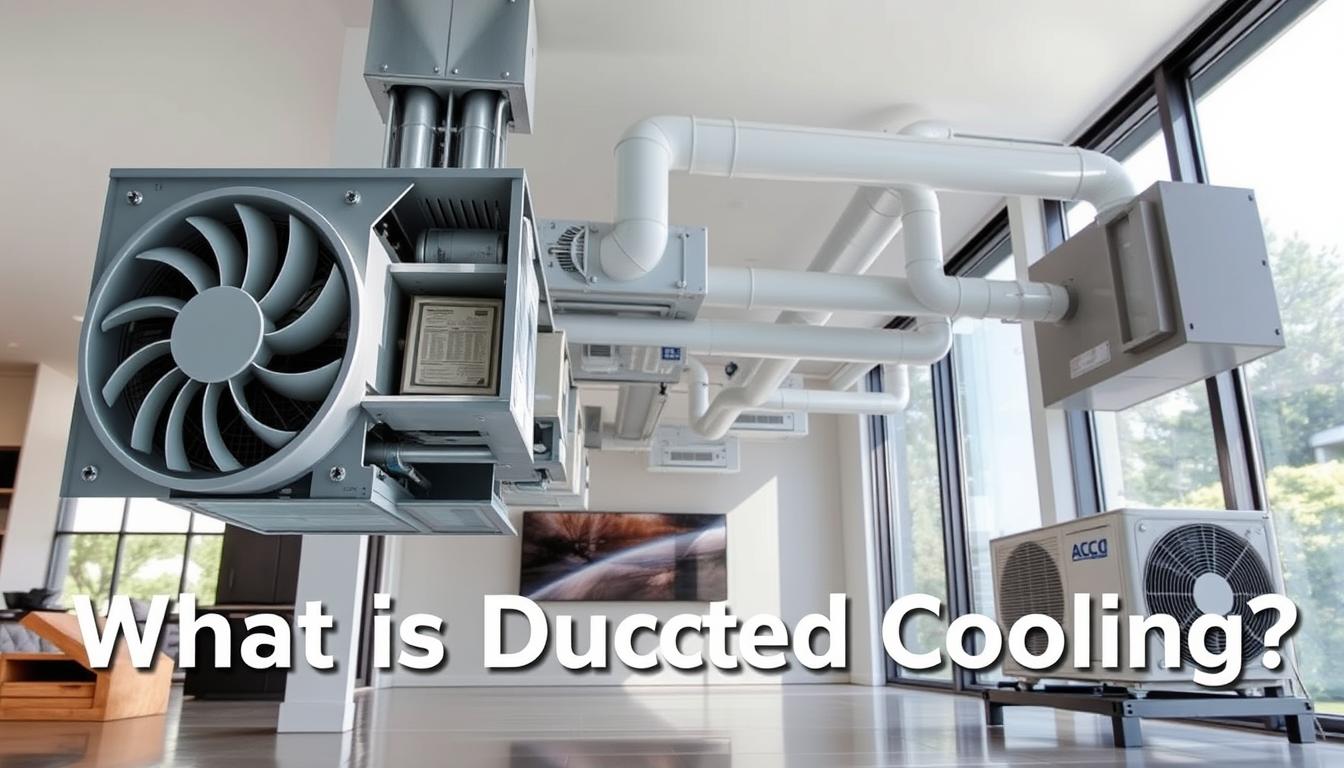 A detailed, cutaway view of a ducted cooling system in a modern Sydney home. The foreground depicts the indoor air handler unit with its intricate components - the fan, filters, and coolant coils. The middle ground showcases the network of ducts distributing cool air throughout the living spaces, with vents visible in the walls and ceilings. In the background, the outdoor condensing unit of the ACG brand system is shown, connected to the indoor unit via coolant lines. The scene is illuminated by natural light filtering in through large windows, creating a sense of brightness and efficiency. The overall mood is informative and technical, suitable for illustrating the &quot;What is Ducted Cooling?&quot; section of the article.