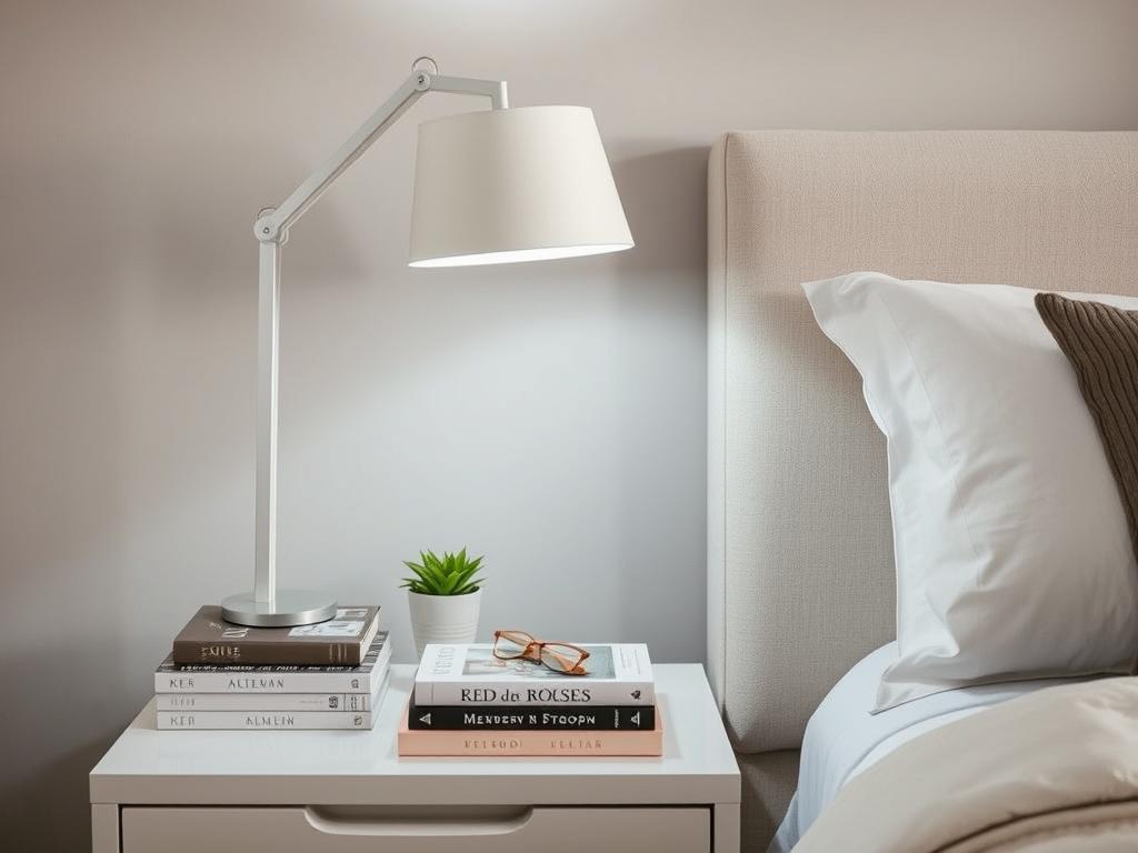 Bedside table styling with lamp and complementary accessories