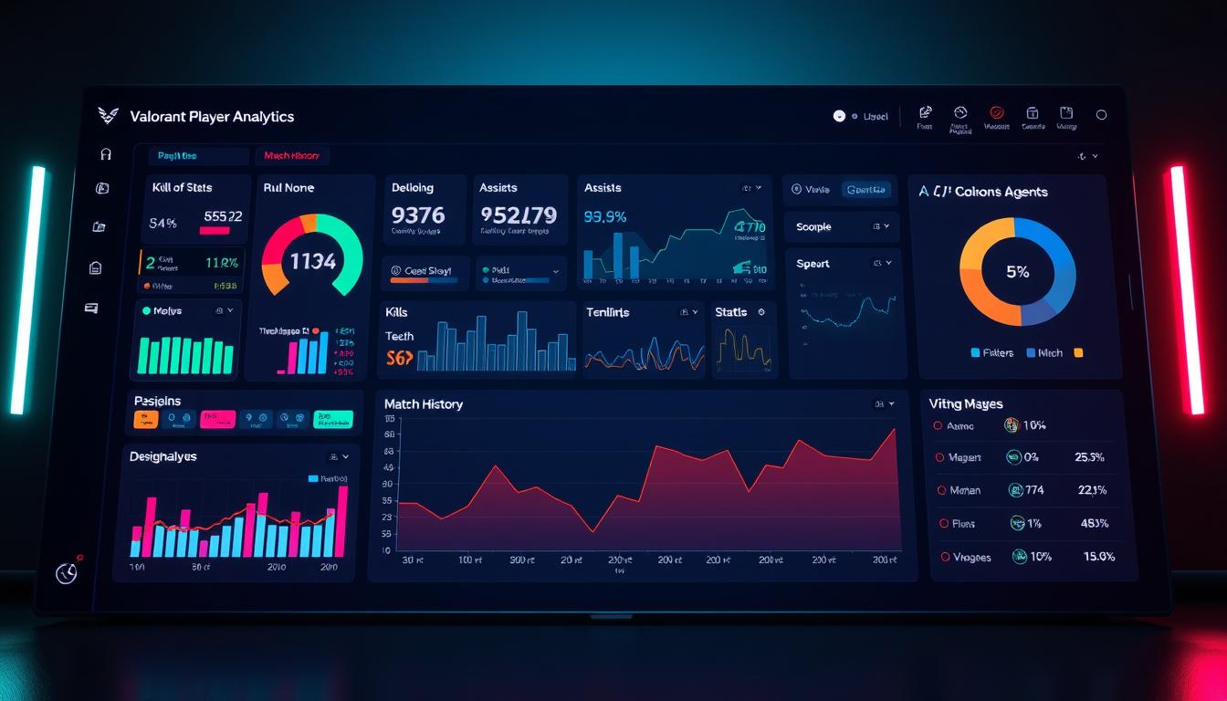 A high-tech dashboard display featuring a range of customizable Valorant player analytics and performance metrics. In the foreground, vibrant data visualizations and charts track individual stats like kills, deaths, assists, and more. The middle ground showcases a detailed match history timeline, allowing users to analyze game-by-game trends. In the background, a sleek, minimalist interface with toggles to filter by agent, map, and other variables. Subtle neon accents provide a stylish, futuristic aesthetic, while balanced studio lighting creates depth and dimension. The overall mood is focused, informative, and empowering for dedicated Valorant enthusiasts seeking to optimize their gameplay.