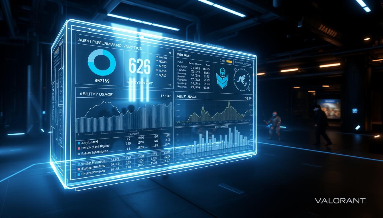 A sophisticated and immersive data visualization depicting the &quot;Agent Performance and Statistics Deep Dive&quot; for Valorant. The foreground showcases a visually striking, holographic-style user interface displaying comprehensive statistics for various agents, including win rates, ability usage, and detailed performance metrics. The middle ground features a moody, futuristic Valorant game environment, with agents engaging in dynamic combat. The background is shrouded in a sleek, high-tech ambiance, with subtle lighting and industrial elements that complement the digital theme. The overall scene conveys a sense of depth, technological prowess, and a deep dive into the analytical side of Valorant gameplay.