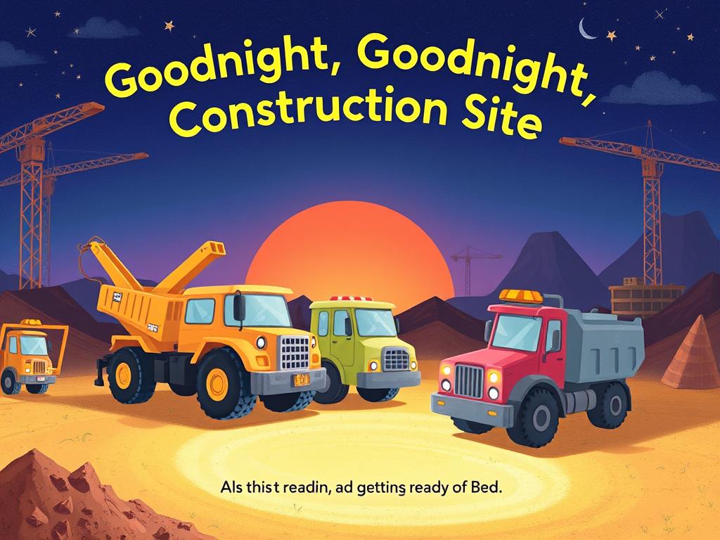 Goodnight, Goodnight Construction Site book illustration, best bedtime story for kids who love trucks