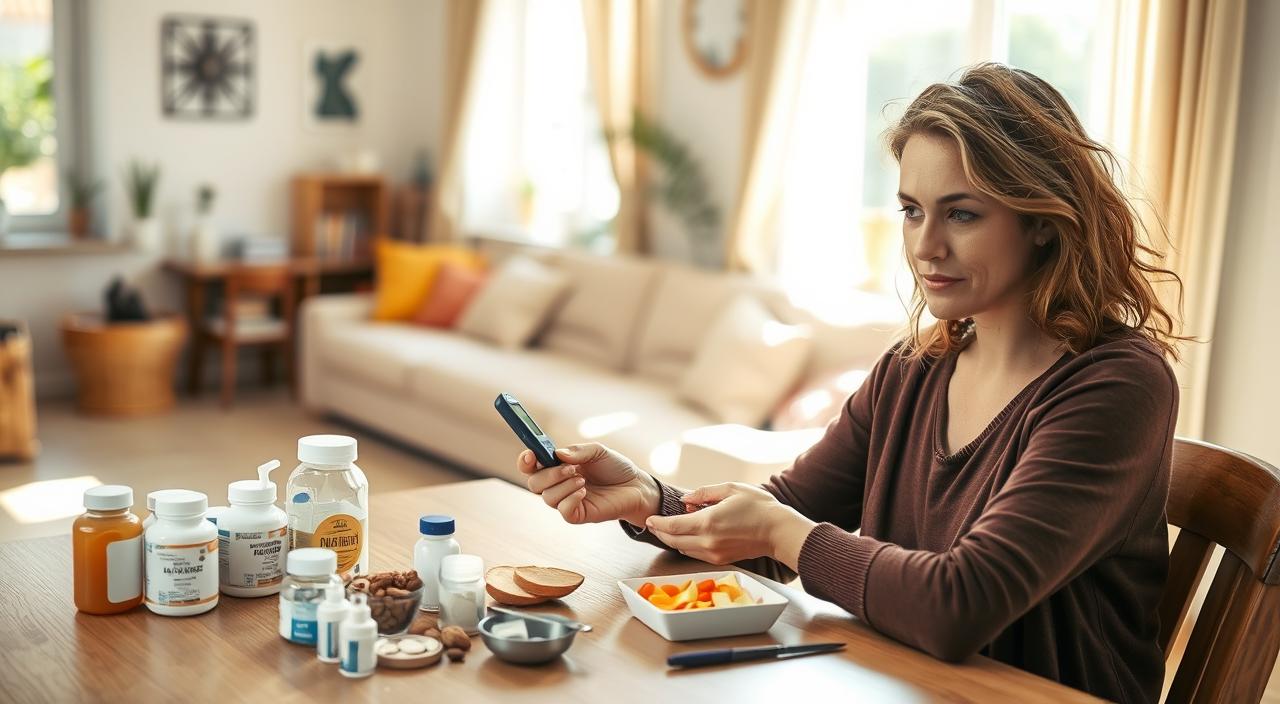 A warm, inviting scene of a woman in her 30s managing her type 2 diabetes. In the foreground, she sits at a table, carefully monitoring her blood glucose levels and preparing a healthy snack of fresh fruit and nuts. The middle ground showcases her organized medication and supplies, conveying a sense of control and proactivity. In the background, a cozy, sun-drenched living room, with natural light streaming through the windows, creating a calming, therapeutic atmosphere. The woman's expression is one of quiet determination, reflecting her commitment to her well-being. The image should evoke a sense of empowerment and the possibility of living a full, vibrant life with type 2 diabetes.