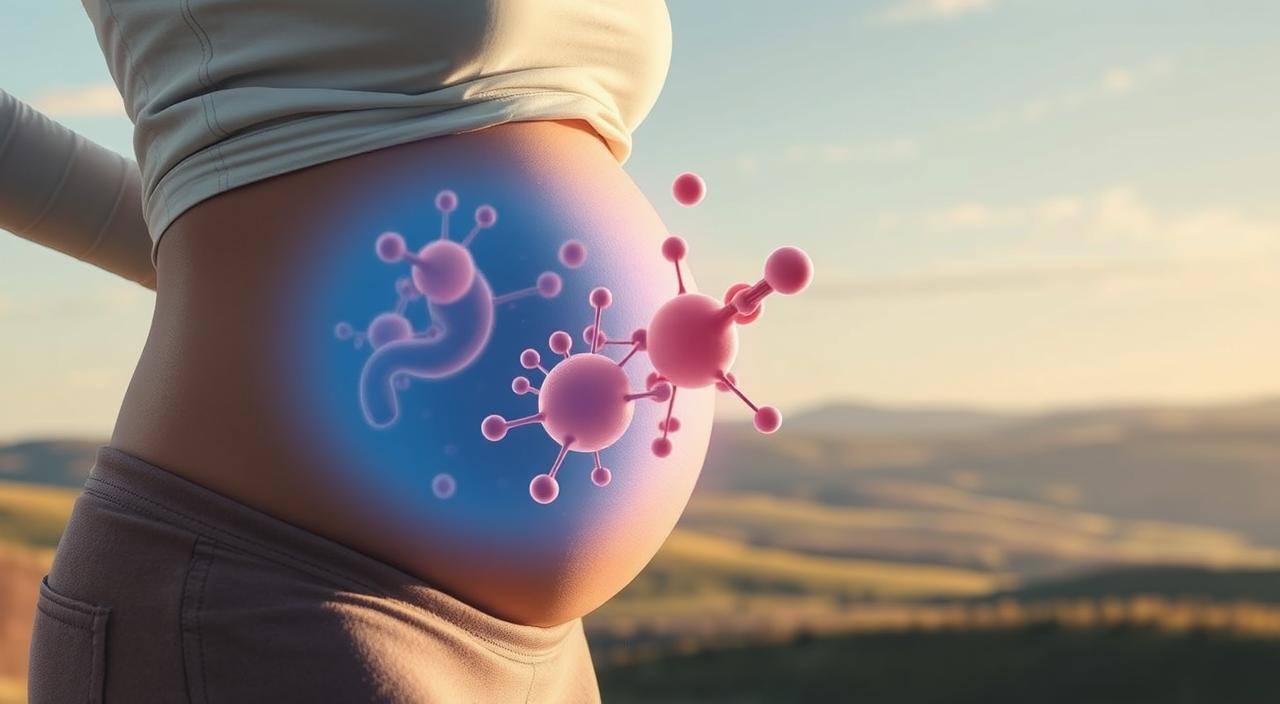 A detailed illustration of gestational diabetes, a complex medical condition that affects pregnant women. In the foreground, a pregnant woman's abdomen with a faint, glowing blue overlay representing the increased blood sugar levels. In the middle ground, delicate pancreatic cells and insulin molecules in warm hues, symbolizing the body's struggle to regulate glucose. The background features a soft, dreamlike landscape of rolling hills and a calming sky, conveying a sense of tranquility and understanding. Lit by a gentle, natural light that casts subtle shadows, the scene evokes a thoughtful, educational tone suitable for an article on gestational diabetes.