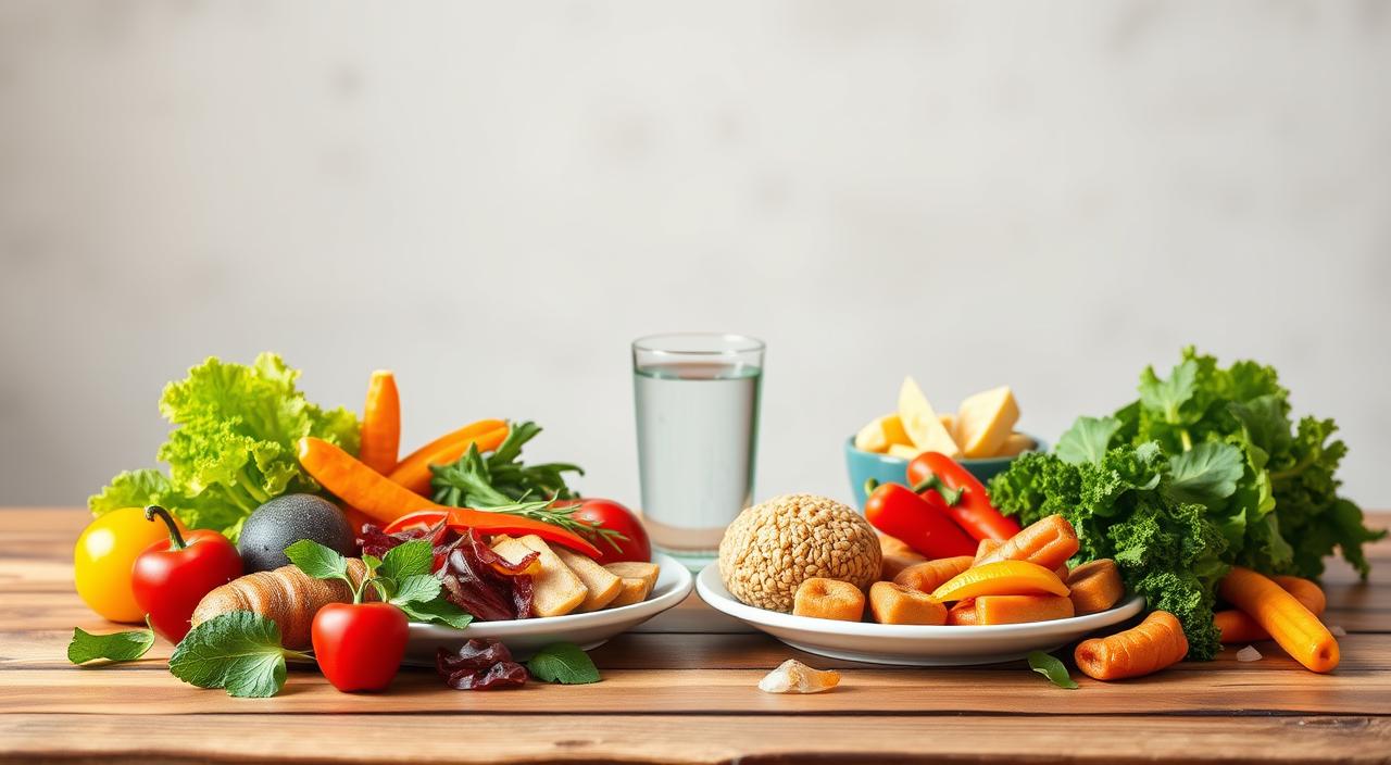 A vibrant, high-resolution photograph of a diabetes-friendly meal plan displayed on a wooden table. In the foreground, a selection of fresh, colorful vegetables, lean protein sources, and whole-grain carbohydrates are artfully arranged. In the middle ground, a glass of water and a plate showcasing a well-balanced, portion-controlled meal. The background features a simple, natural setting with soft, diffused lighting, creating a calming, inviting atmosphere that emphasizes the importance of a healthy, sustainable diet for managing diabetes. The image conveys a sense of wellness, balance, and the attainable nature of a diabetes-friendly lifestyle.
