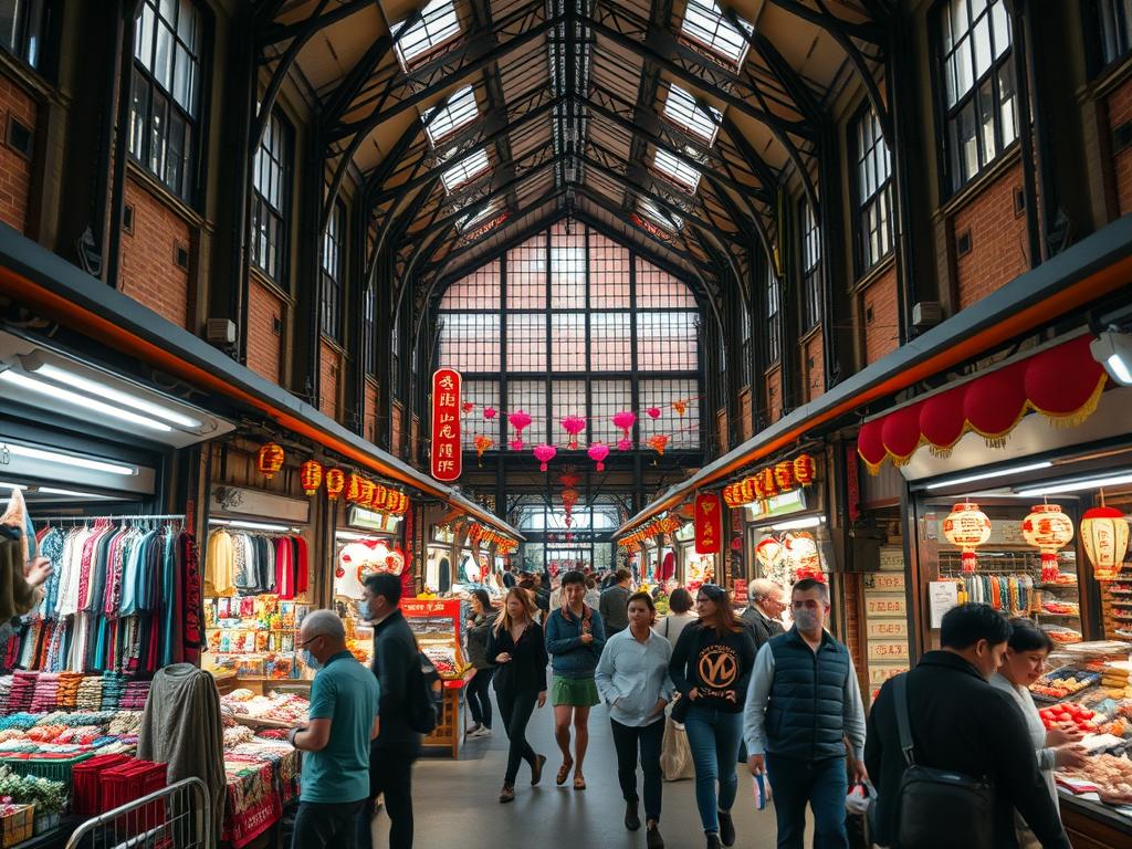 Shot on Sony A7R IV, a wide angle lens captures the vibrant and bustling Dong Xuan Center, a beloved Asian market in Berlin. In the foreground, an array of colorful vendor stalls offer a diverse selection of goods, from traditional textiles to freshly prepared Asian cuisine. The middle ground features a lively crowd of shoppers navigating the narrow aisles, immersed in the energetic atmosphere. In the background, the distinctive architecture of the market hall frames the scene, with its industrial-style windows and exposed beams creating an authentic and inviting ambiance. Polarizer filter enhances the vivid colors, and the sharp focus brings every detail into clear, hyperrealistic relief, showcasing the unique character of this beloved Asian marketplace.