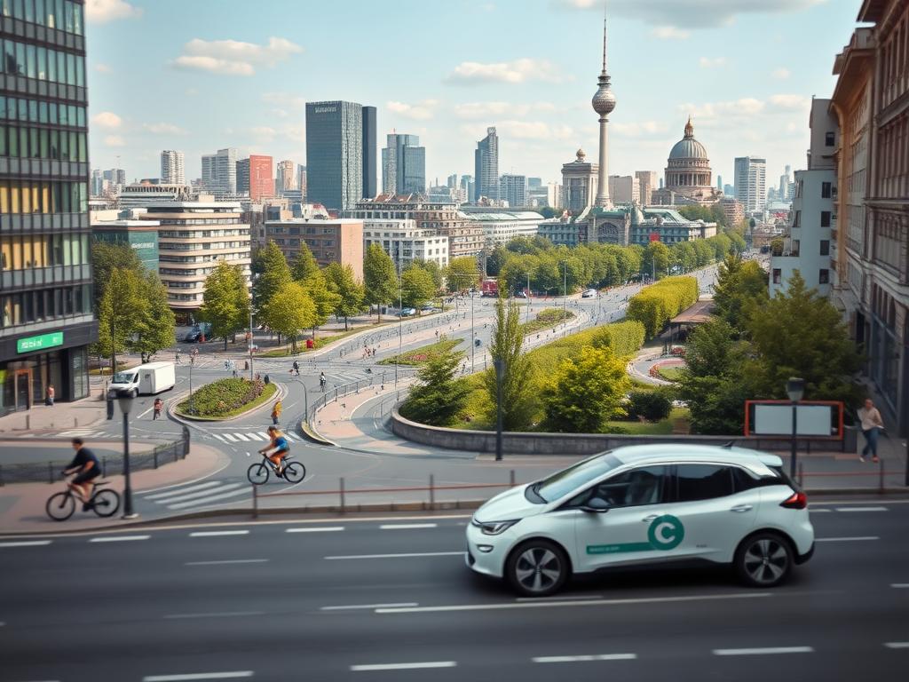 A bustling cityscape of Berlin, showcasing the vibrant and sustainable mobility landscape. In the foreground, a sleek electric car from a local carsharing service seamlessly navigates the urban streets, its clean lines and modern design reflecting the city's commitment to eco-friendly transportation. In the middle ground, a network of dedicated bike lanes and pedestrian walkways weave through the cityscape, with cyclists and pedestrians enjoying the green and people-centric infrastructure. In the background, a skyline of modern, energy-efficient buildings and lush green spaces create a harmonious blend of urban development and environmental consciousness. The scene is captured in a crisp, high-resolution image with a sense of depth and clarity, conveying the progressive and sustainable vision for mobility in Berlin.