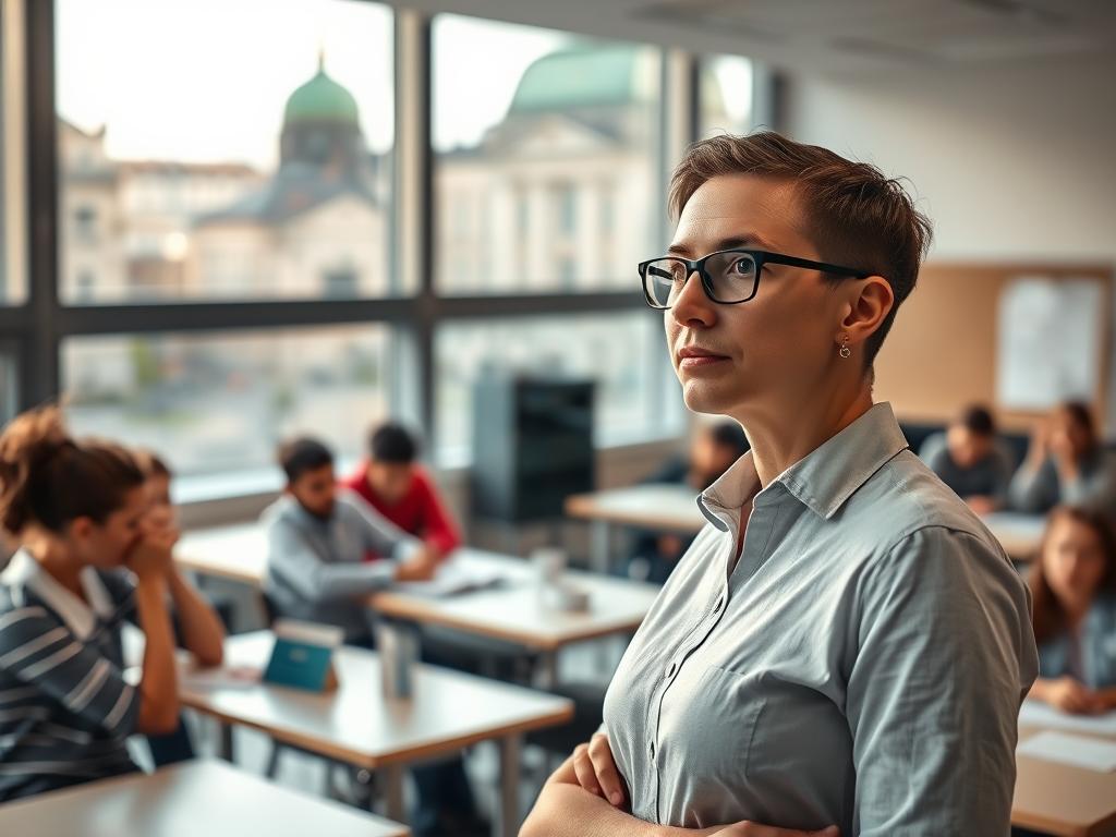 A Berlin schoolteacher faces challenges as they transition into the profession through a career change program. The foreground depicts the teacher standing in a modern, well-lit classroom, looking contemplative. In the middle ground, students of diverse backgrounds sit at desks, engaged in various learning activities. The background showcases the iconic architecture of Berlin, with its mix of historic and contemporary buildings. Soft, natural lighting filters through large windows, creating a serene, reflective atmosphere. The teacher's expression conveys the complexity of balancing new responsibilities while drawing on their unique professional experiences. Shot on Sony A7R IV, clearly focused, sharply defined, polarizer filter, Hyperrealistic image.